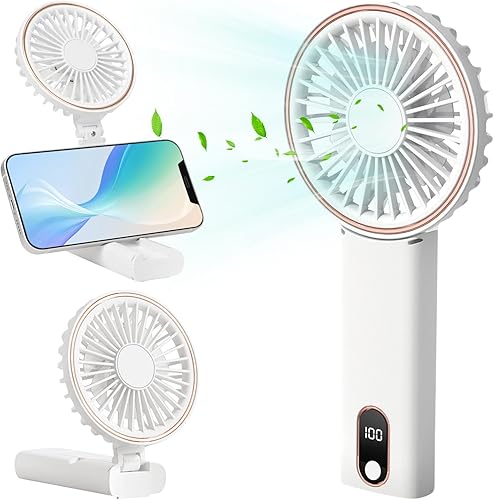 Ventilador portátil, ventilador personal de mano de 5000 mAh recargable con 5 velocidades, mini ventilador operado por pilas con pantalla LED,