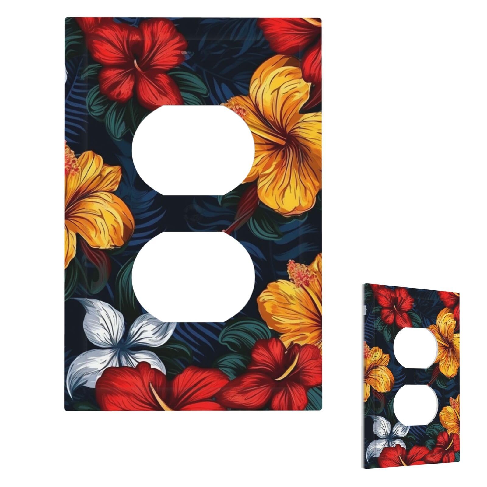 Realistic Hawaiian Flowers Wall Plate Cover Duplex, Modern Decorative Light Switch Cover Unbreakable Receptacle Outlet Covers for Living Room Bedroom Decor