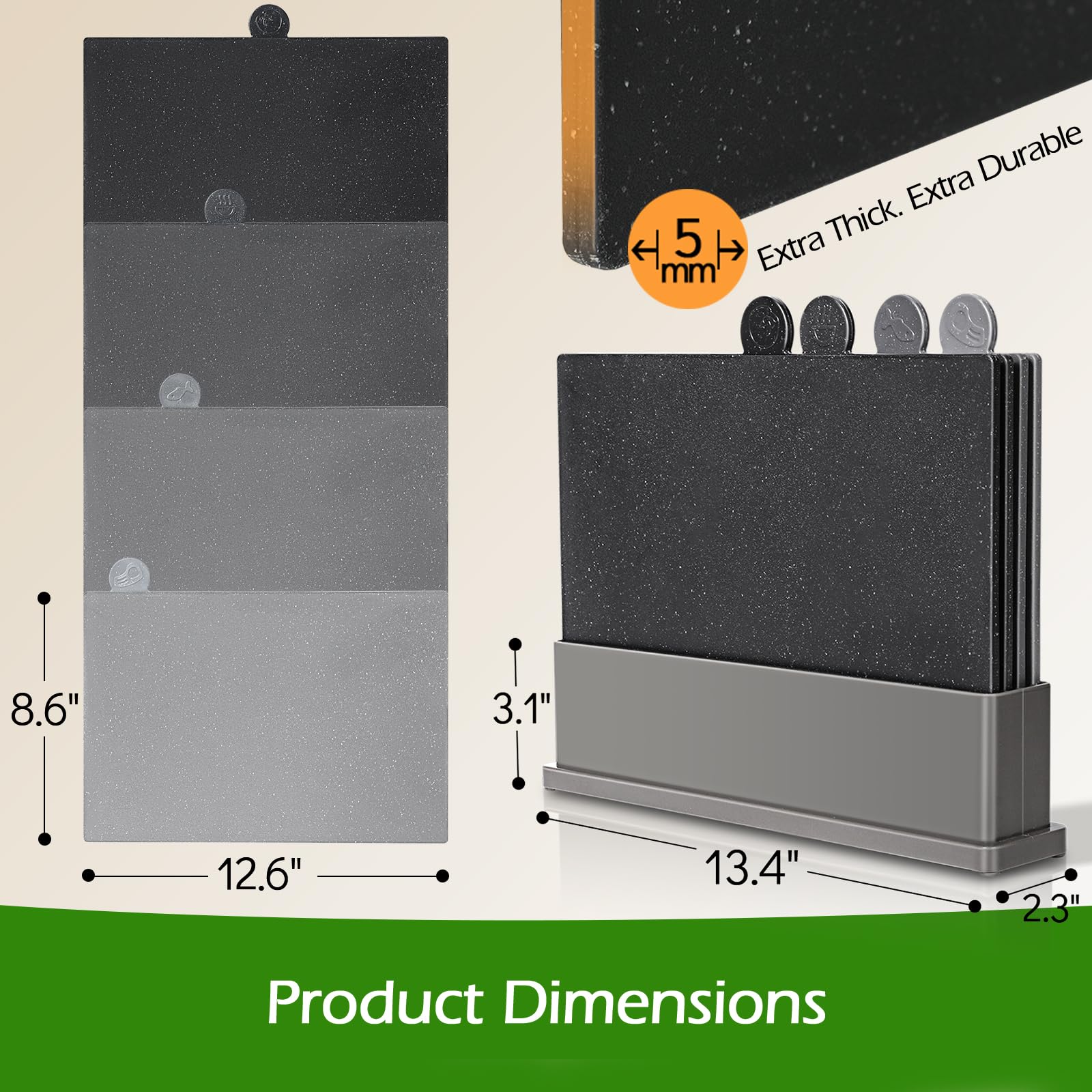 MASTERTOP Schneidebrett-Set für Küchenhalter – Index Kunststoff Schneidebrett Set von 4 Stück, BPA-frei, rutschfest, dickere Schneidebretter mit Abtropfgestell-Organizer, extra 4 flexible Matte
