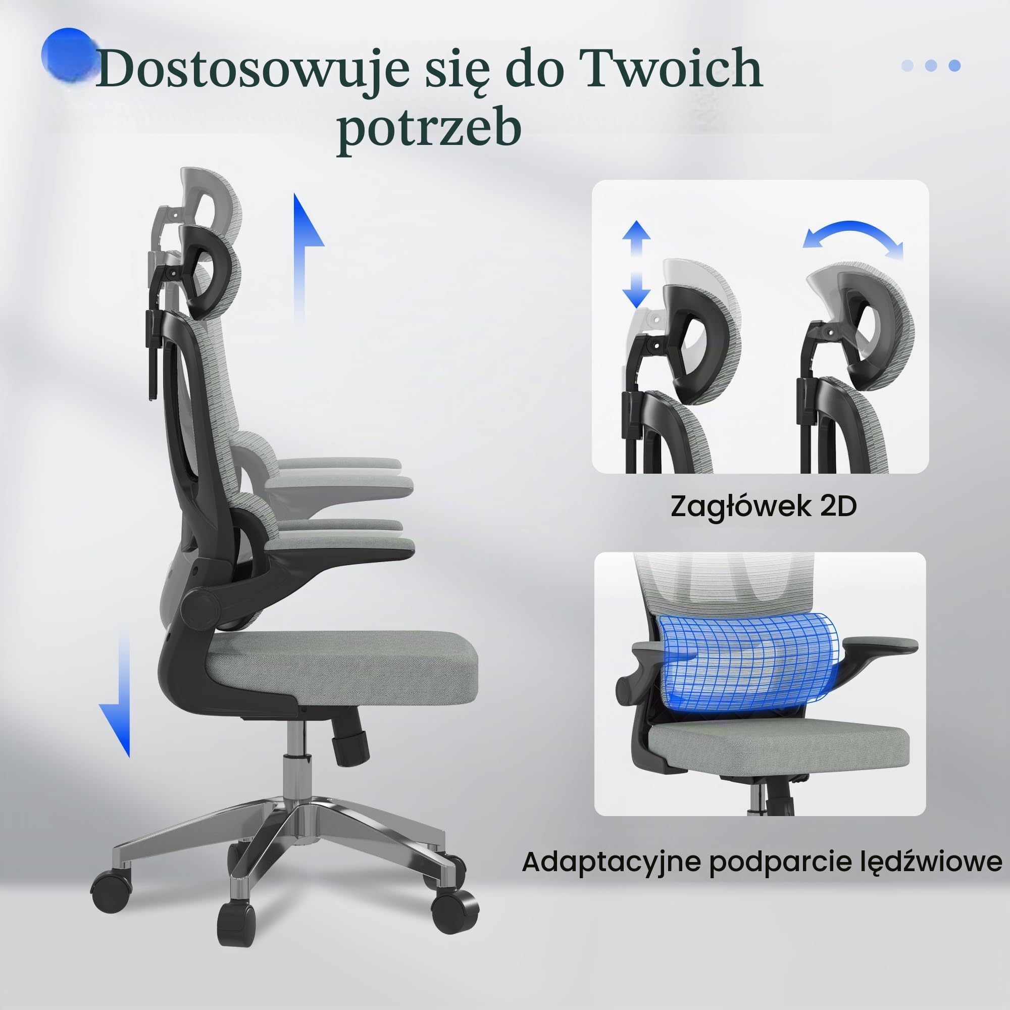 FLEXISPOT OC3 LITE Ergonomiczne krzesło biurowe, krzesło biurkowe z 2D podparciem pod głowę, składanymi podłokietnikami i dynamicznym podparciem lędźwiowym (Lite (Szara Pianka))