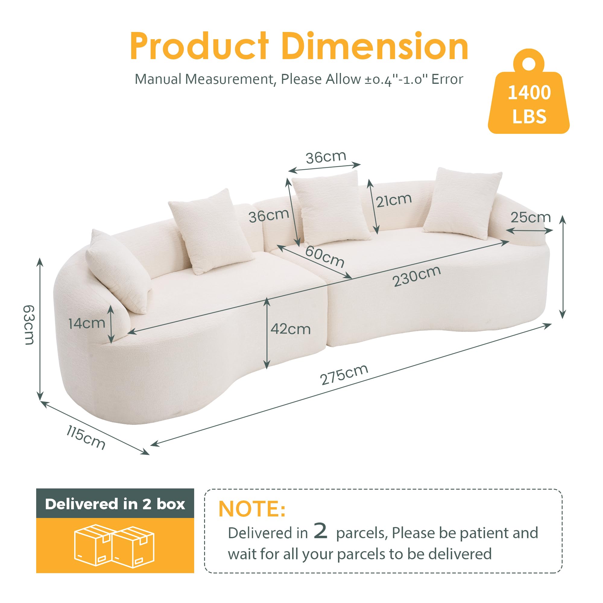 Canapé d'angle Incurvé de 275 cm avec Méridienne pour Salon, Canapé Modulaire 5 Places en Chenille,Aucun Assemblage Requis (Blanc-025)