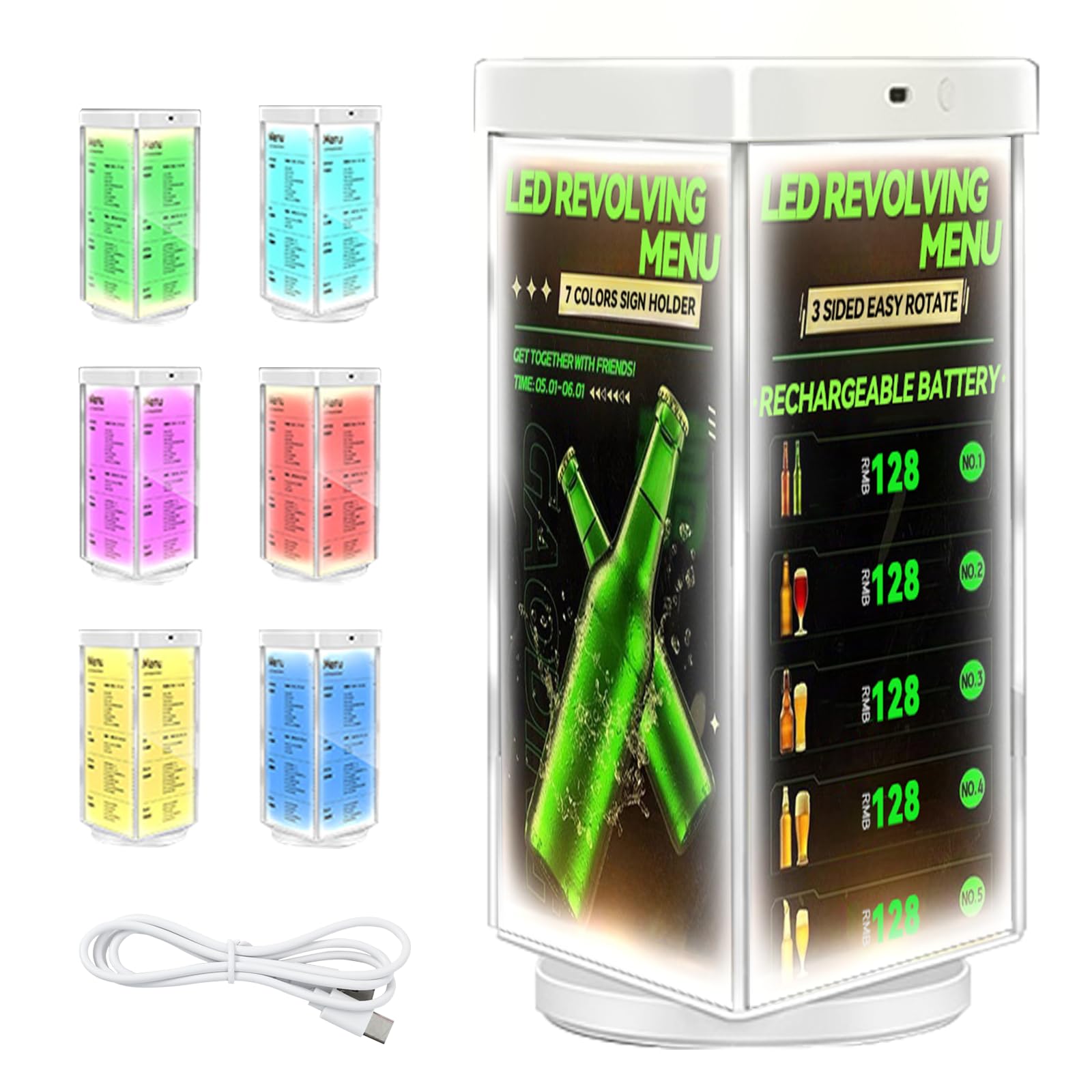 3-Sided LED Revolving Electronic Sign 7 Colors Light Up Acrylic Rotating Display Stand Menu Board for Restaurant Bar