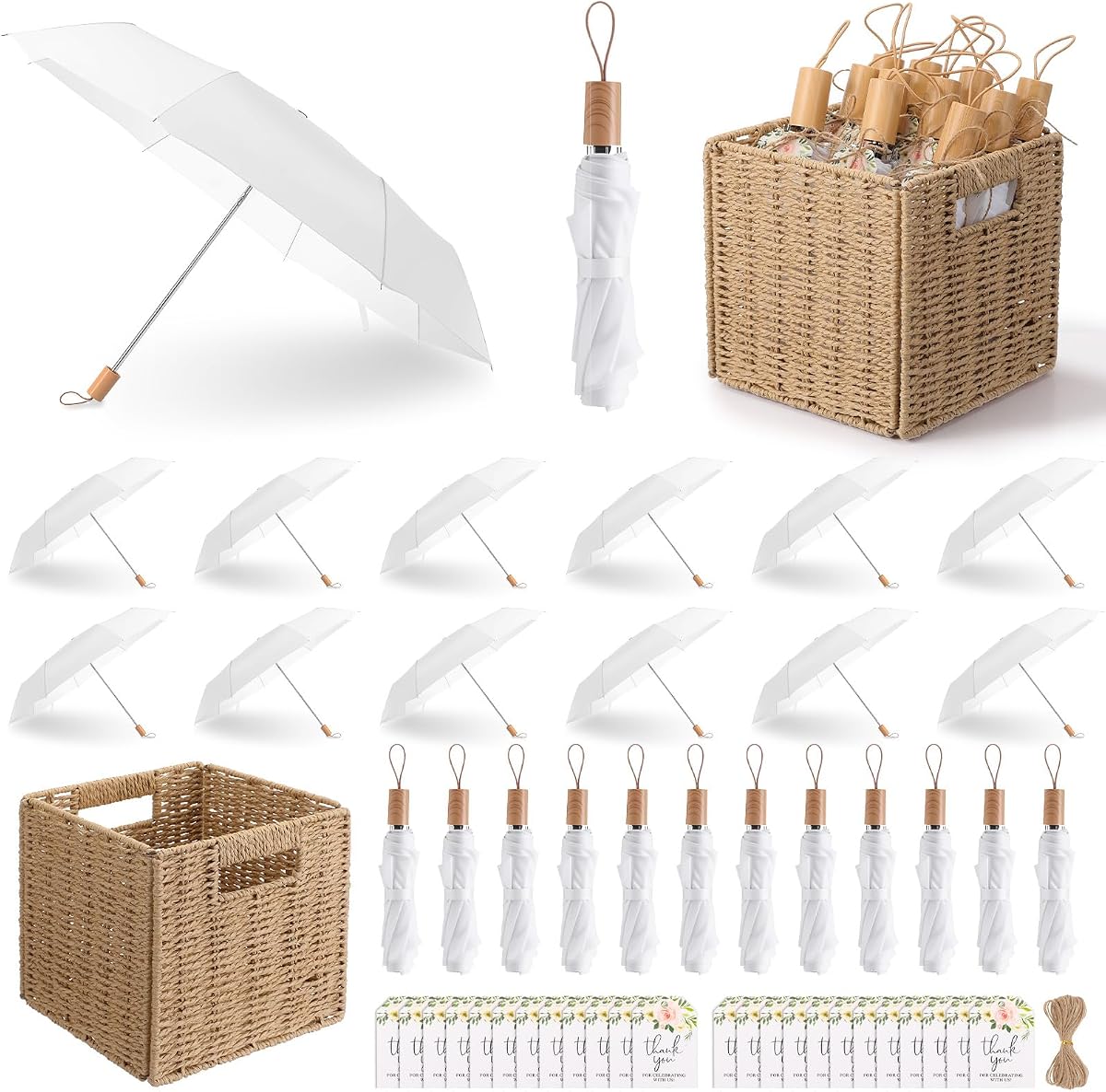 Wedding Umbrellas Bulk with Woven Box and Organza Bag White Folding Umbrella for Wedding Decorative Parasol Windproof Rainproof for Bridal Shower Photography Props