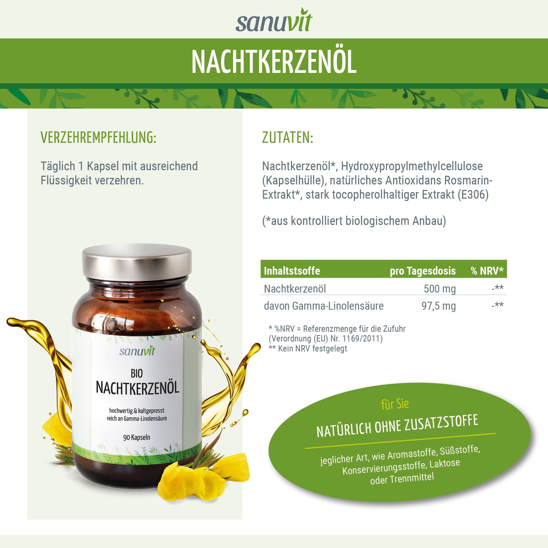 Sanuvit® - BIO Nachtkerzen-Öl 500 mg | 90 Kapseln | reich an Gamma-Linolensäure | Hochdosiert | Hohe Bioverfügbarkeit und Verträglichkeit | Vegan | Hergestellt in Österreich