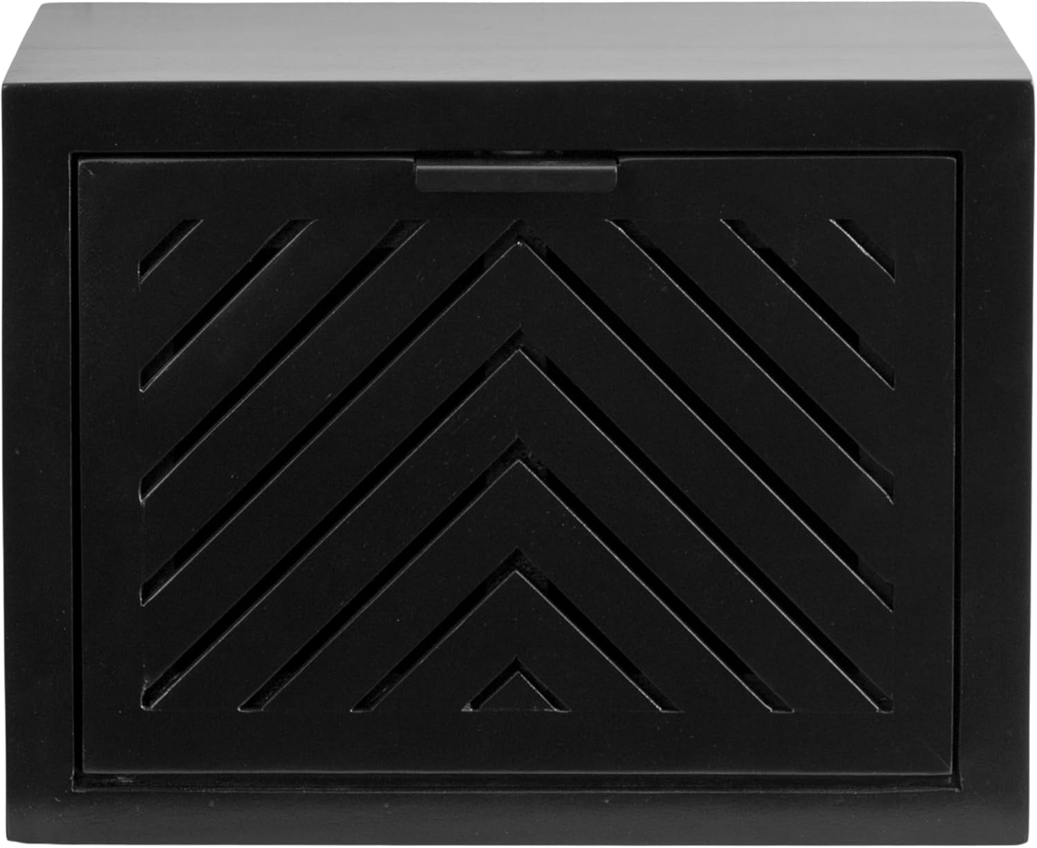 Kate and Laurel Mezzeta Modern Floating Shelf Side Table with Storage Cubby; 16 x 10 x 12; Black; Decorative Slatted Wood Floating Nightstand with Pull Down Door for Use as Bathroom Storage