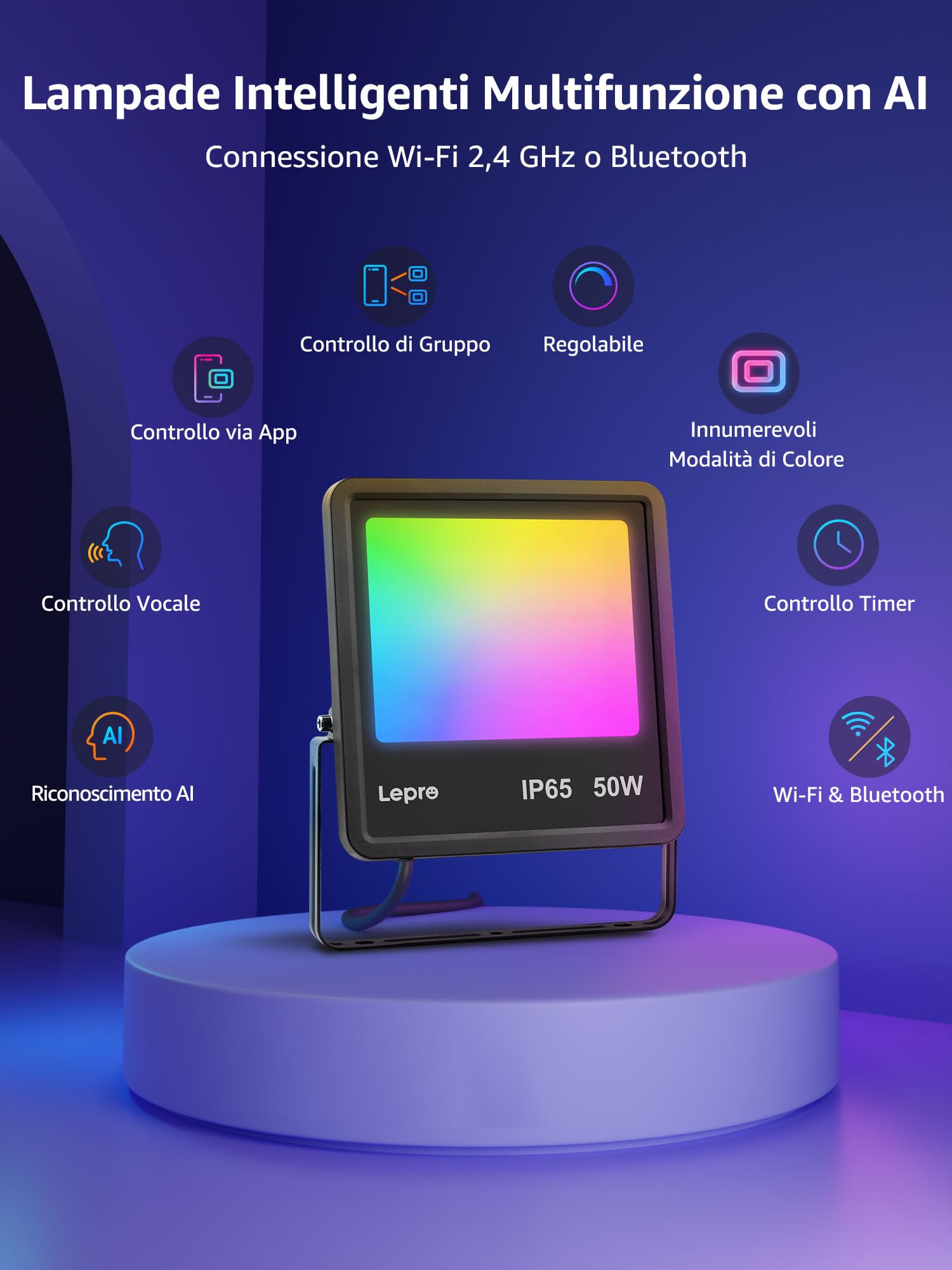 Lepro F1 AI Faretto LED da Esterno 50W, Faretto da Giardino RGB Dimmerabile