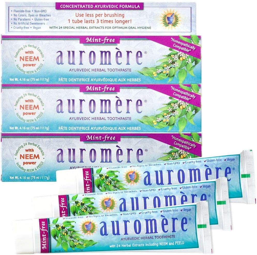 Auromere Ayurvedic Herbal Toothpaste, Classic Licorice Flavor - Vegan, Natural, Non GMO, Fluoride Free, Gluten Free, with Neem & Peelu (4.16 oz), 4 Pack