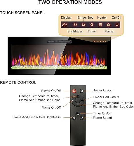 Miniatura 4 de Chimenea eléctrica de 50 pulgadas empotrada y montada en la pared, control remoto y pantalla táctil de vidrio templado, calentador eléctrico