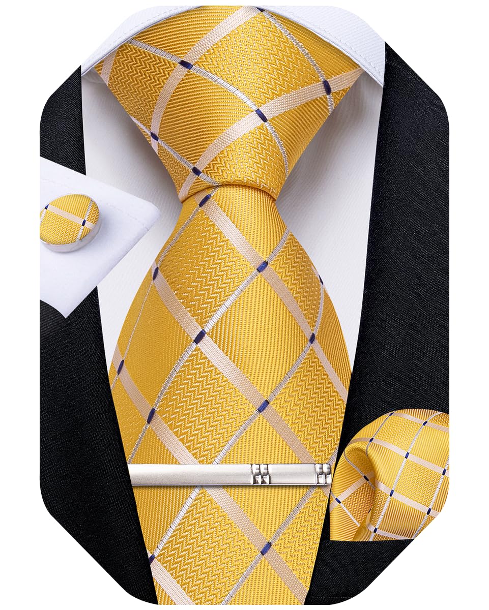 DiBanGu Mens Silk Plaid Tie and Pocket Square Set