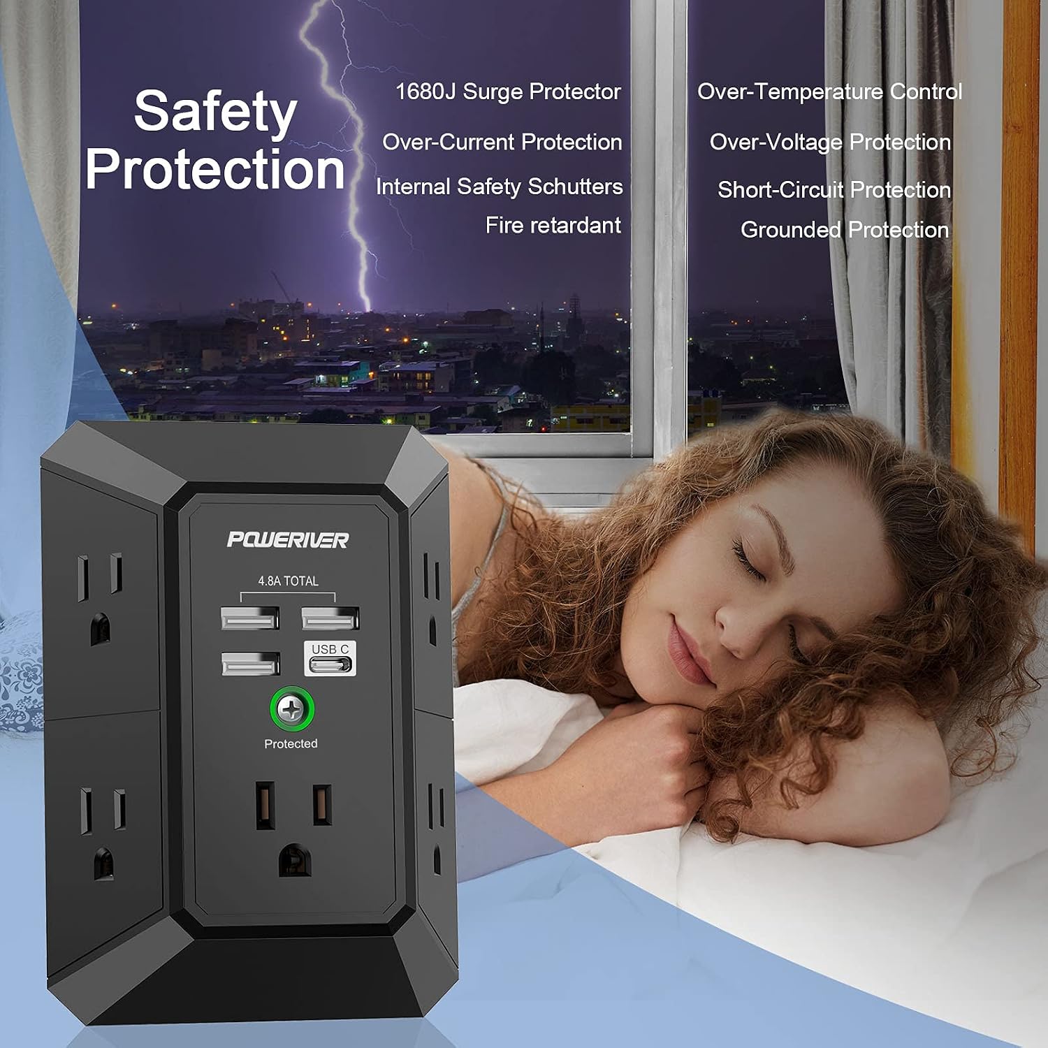 USB Wall Charger Surge Protector - POWERIVER 5 Outlet Extender with 4 USB Charging Ports (1 USB C, 4.2A Total), 3-Sided 1800J Power Strip Multi Plug Outlets Adapter Widely Spaced, Black