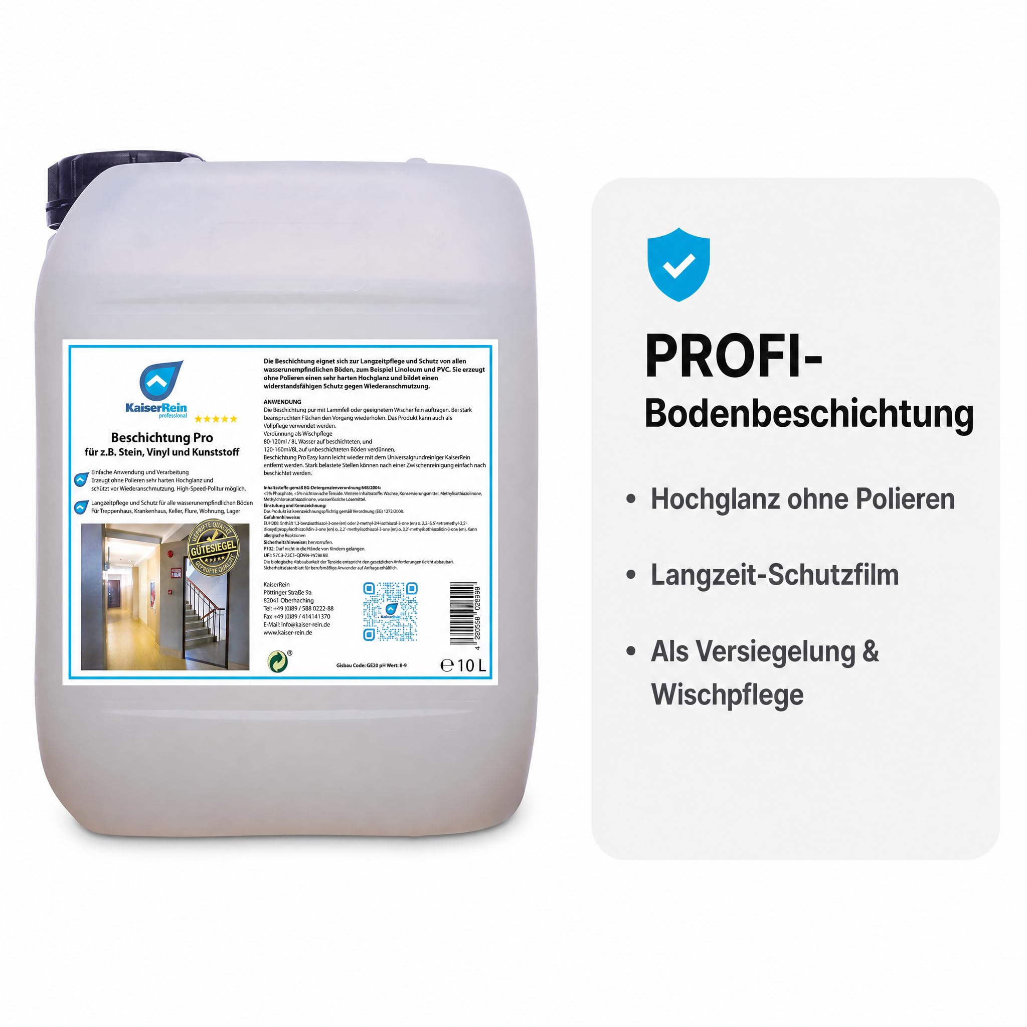 KaiserRein Bodenbeschichtung Beschichtung Pro Easy, Bodenversiegelung für wasserunempfindliche Böden, Hochglanz ohne Polieren, für Vinyl, PVC, Linoleum, Stein & Kunststoff, 10 L