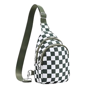Small Checkered Sling Bag for Women RFID Crossbody Bags Nylon Sling Backpack Purse for Travel Beans Green Checkered