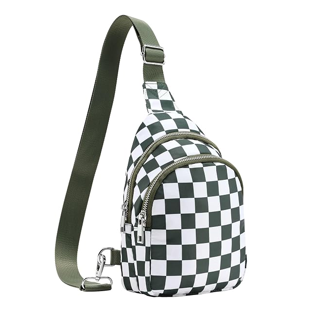 Small Checkered Sling Bag for Women RFID Crossbody Bags Nylon Sling Backpack Purse for Travel Beans Green Checkered