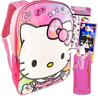 Hello Kitty Backpack for Girls - Hello Kitty School Supplies Bundle with 15" Hello Kitty School Bag Plus Stickers, Pink Water Bottle, and More (Hello Kitty Travel Bag)