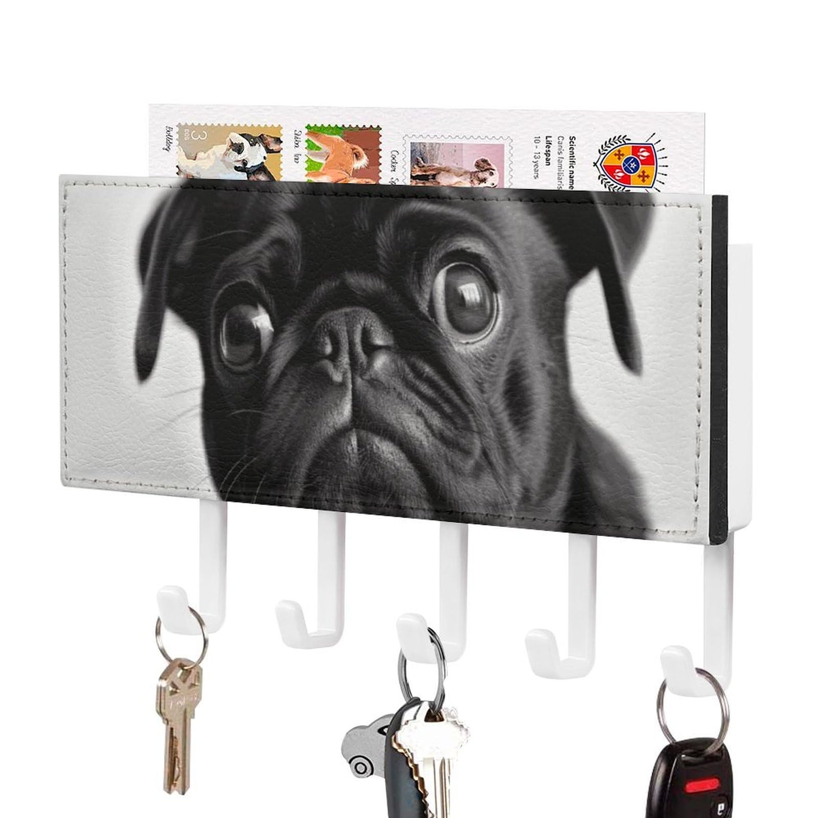 DWVTSLH Cute Black Pug Dog Key Holder for Wall, Decorative Key Hooks with Mail Organizer & 5 Hooks, Self Adhesive Leather Key Hanger for Entryway, Wall Mounted Key Rack (7.1” X 4.3” X 0.9”)