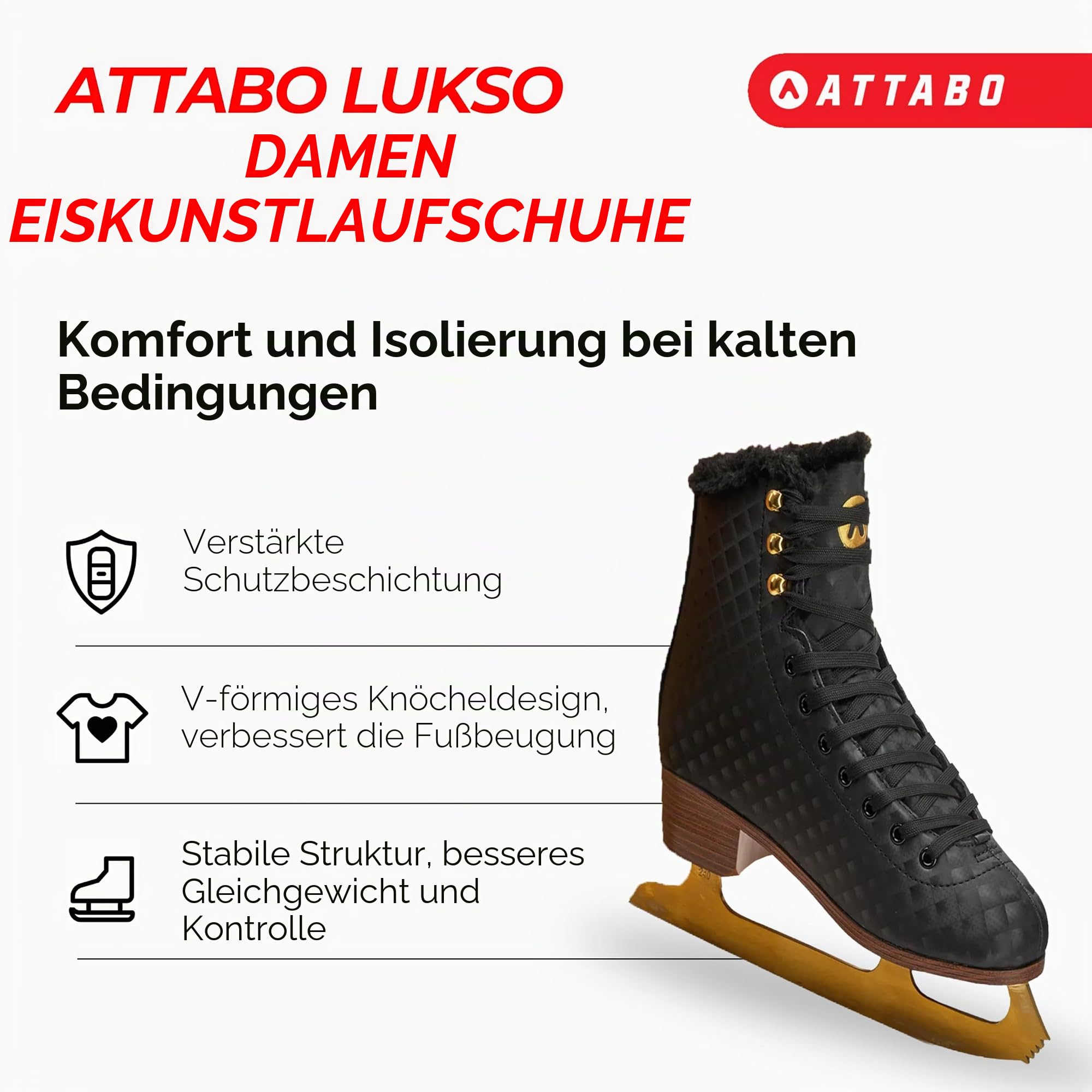 ATTABO Lukso Damen Kunstlauf-Schlittschuhe, schwarz – Edelstahlkufe, klassischer Stiefel, warme Innenfütterung, hohe Knöchelstütze, Schnürung für Training & Freizeit