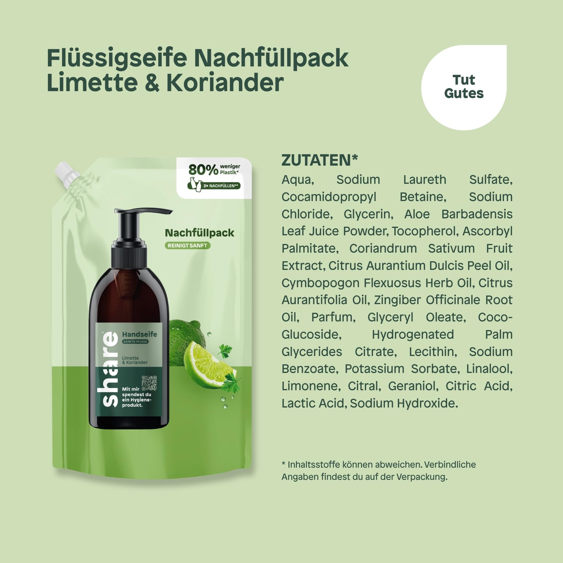 share Flüssigseife Nachfüllpack Limette & Koriander (6x500ml) | Sanfte Reinigung, Vegan, pH-hautneutrale flüssige Seife mit ätherischen Ölen – Jeder Handseife Nachfüllbeutel spendet