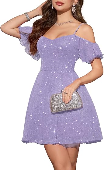 Meetjen Women's Sparkly Off Shoulder Prom Dress 2026 A line Tulle Spaghetti Straps Short Cocktail Dresses