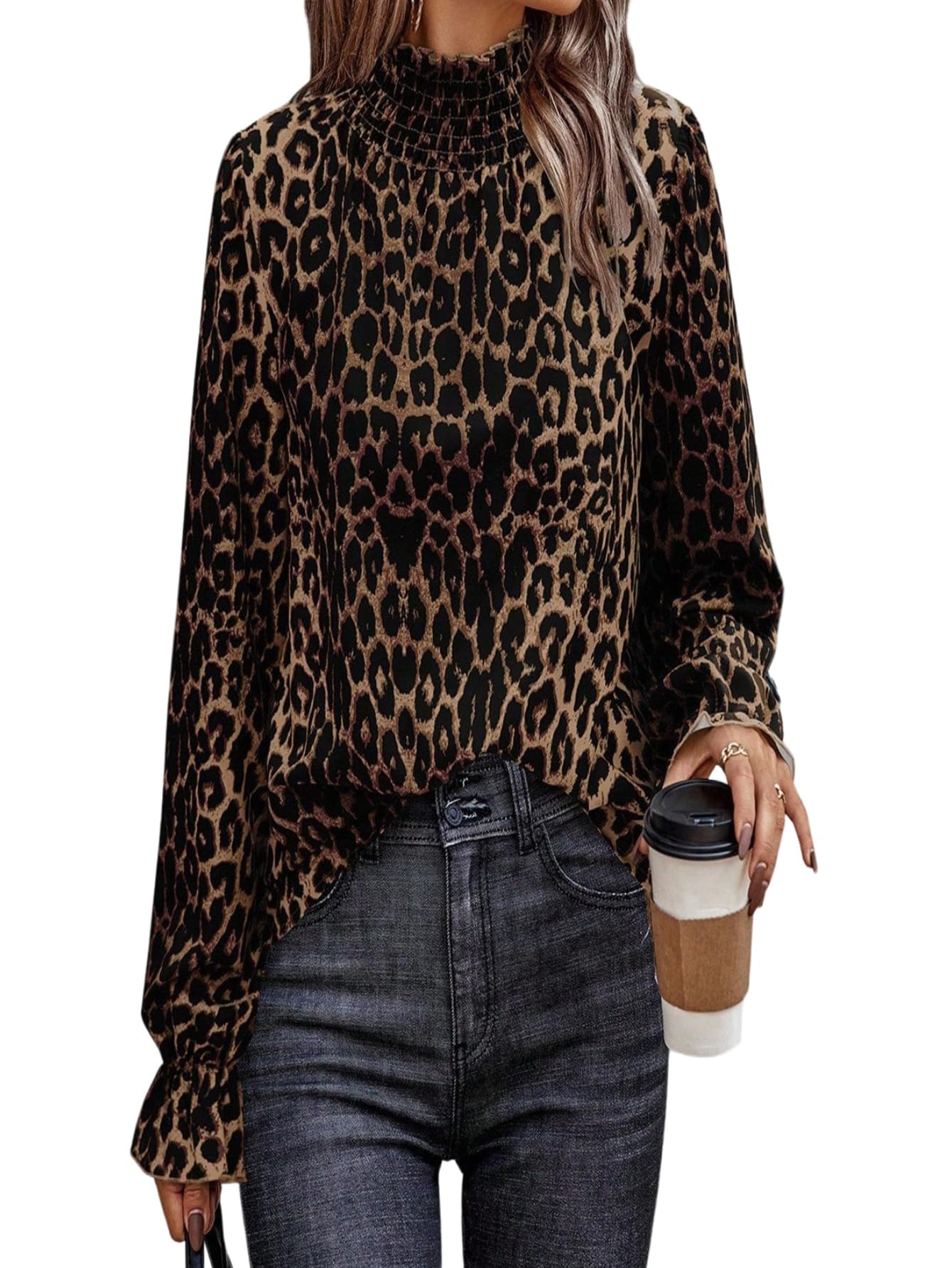 GORGLITTER Camicia da donna elegante da donna, a maniche lunghe, colletto alto, motivo leopardato, casual, per autunno