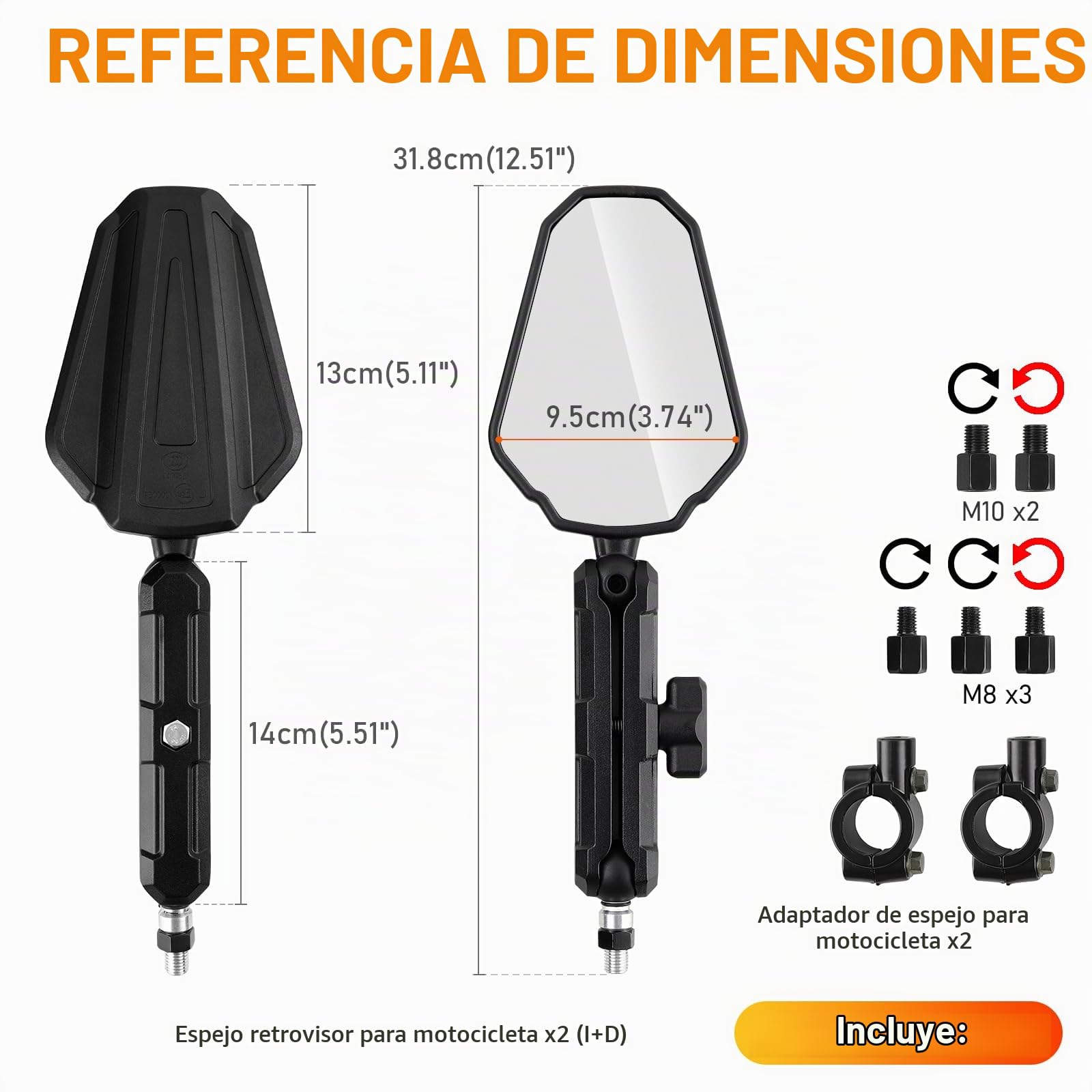 DREAMIZER Espejo para motocicleta de Aventura, E24 Homologados Retrovisores Moto Tornillos de 8mm y 10mm, 22mm y 7/8" Espejos Retrovisores para Manillar Compatible con 790 890 adv ATV Enduro Dirt Bike