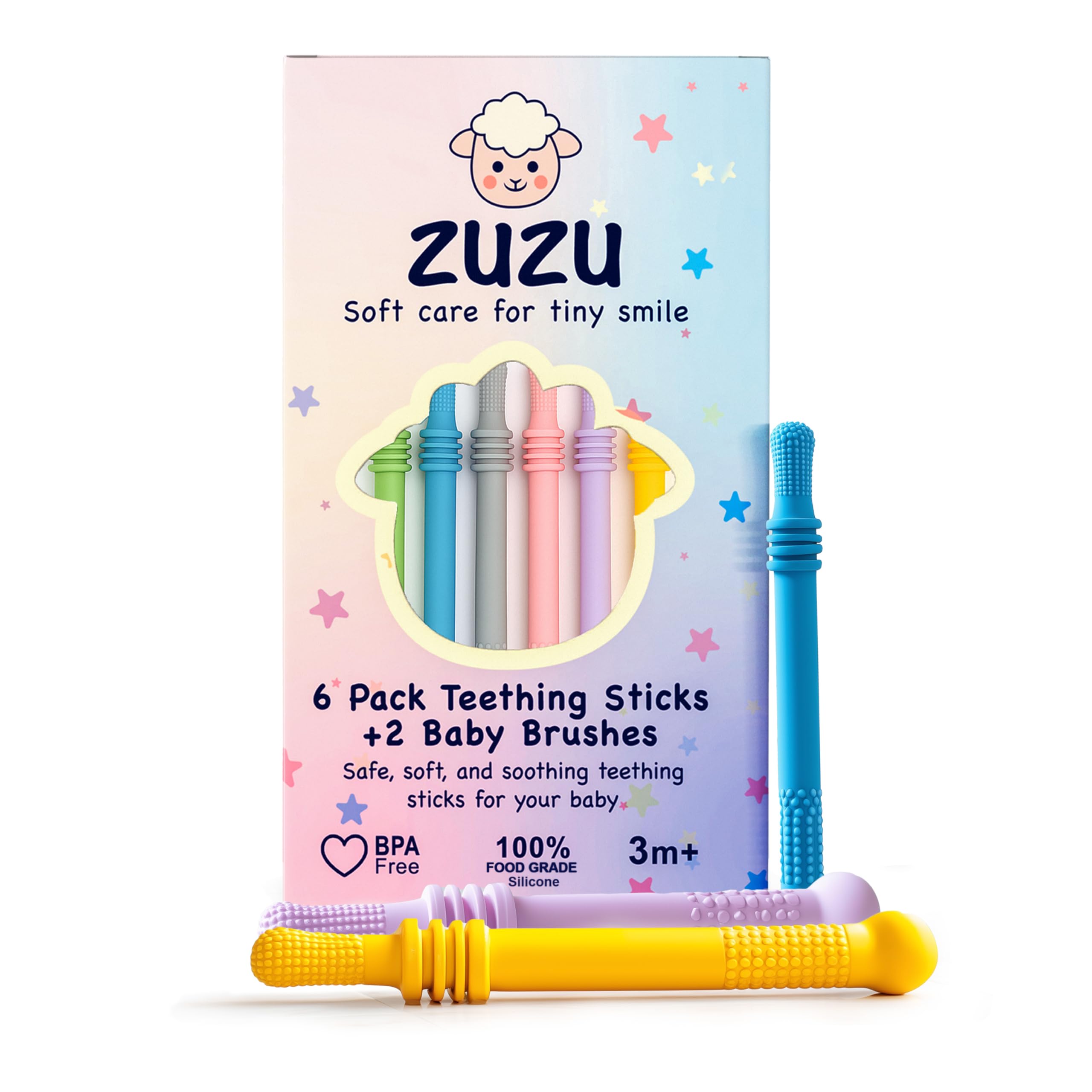 Zuzu 6?Pieces Baby Teether Teething Sticks?, Montessori Toy for 3 6 9 12 24 36 Months, Newborn, Infant Sensory Relief Toy, Parent & Baby Essentials, 0 1 2 3 Years Gift –?BPA?Free, Food?Grade Silicone
