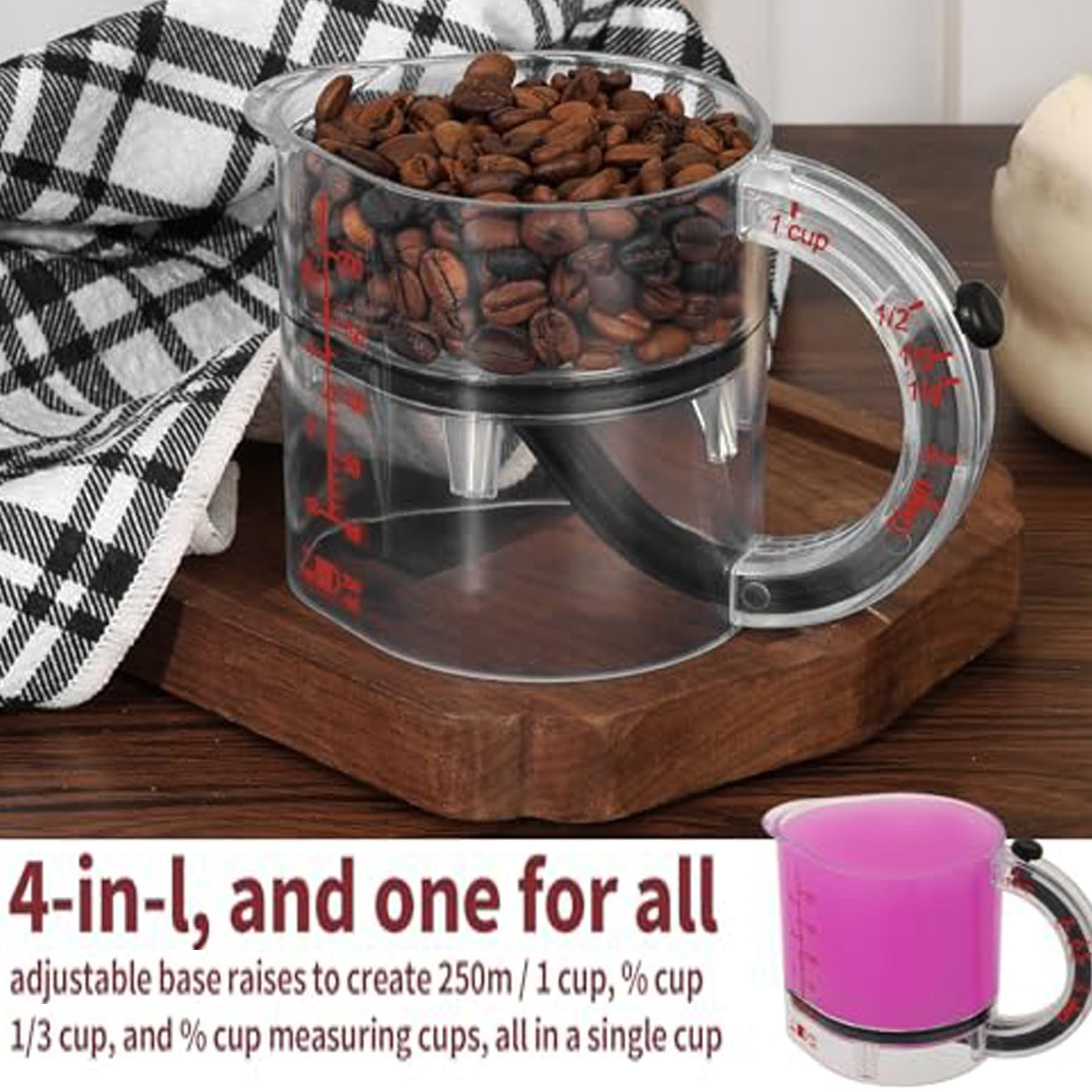 Verstellbarer Messbecher, 4-in-1-Küchenmesswerkzeug zum Kochen & Backen, Multi-Messbecher mit Oz/Ml Dual-Markierungen, 2er-Pack