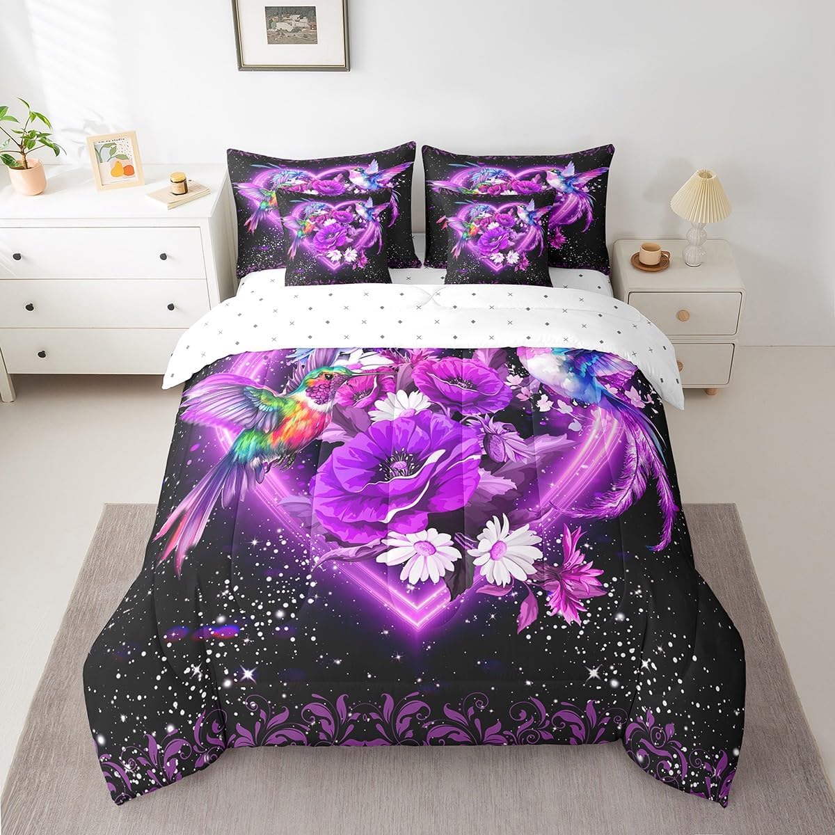 Feelyou Hummingbird Comforter Set Twin Size 7 Pieces Twin for Grandma Couple Cute Birds Floral Bed in a Bag Bedding Set Galaxy Bed Set with Comforter, Sheet Set, Pillowcases, Pillow Covers Purple