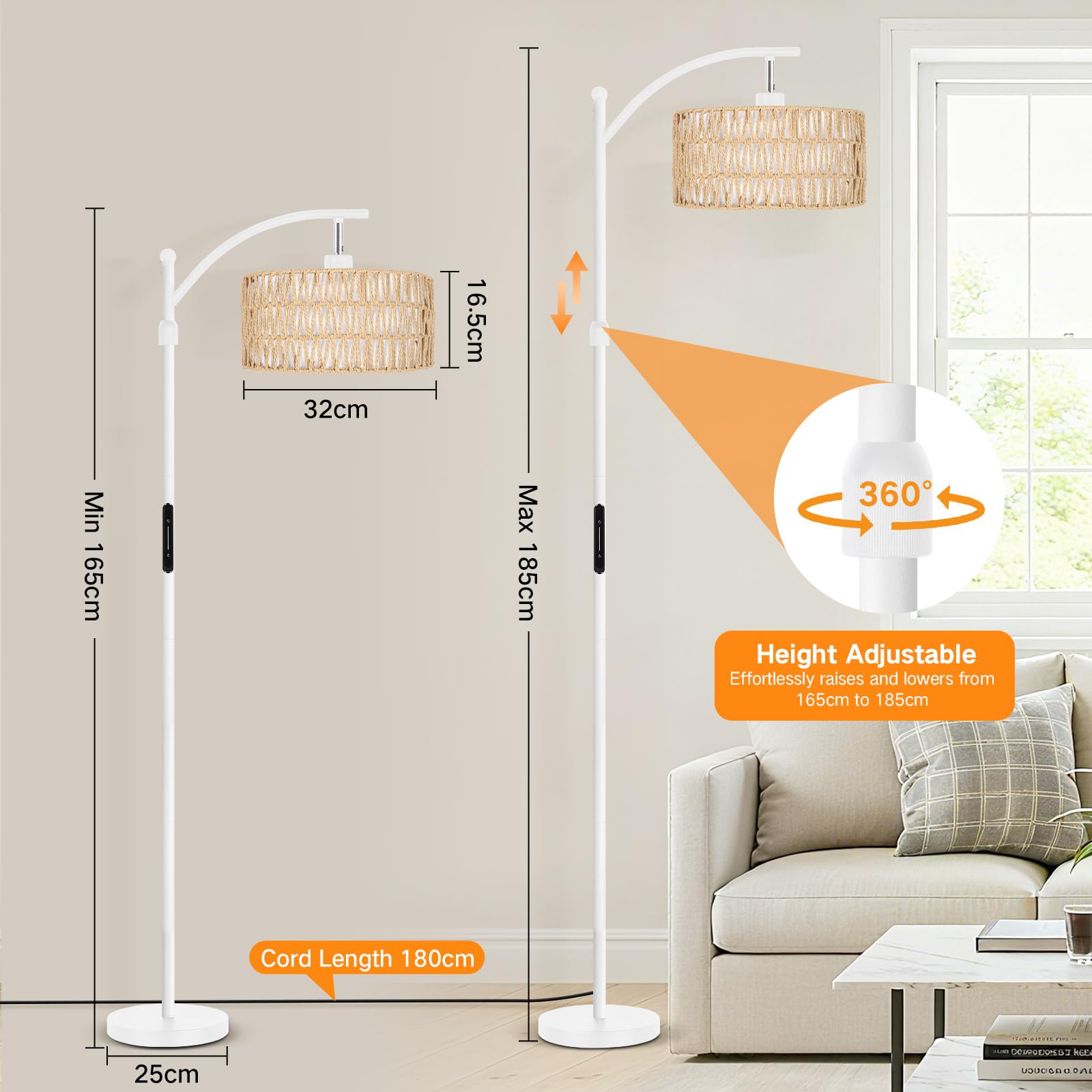 OUTON Lampa Stojąca z Rattanu do Salonu, Lampa Łukowa Boho | Aplikacja, pilot i sterowanie dotykowe, 4 temperatury barwowe, 2 klosze, LED 12 W, biała