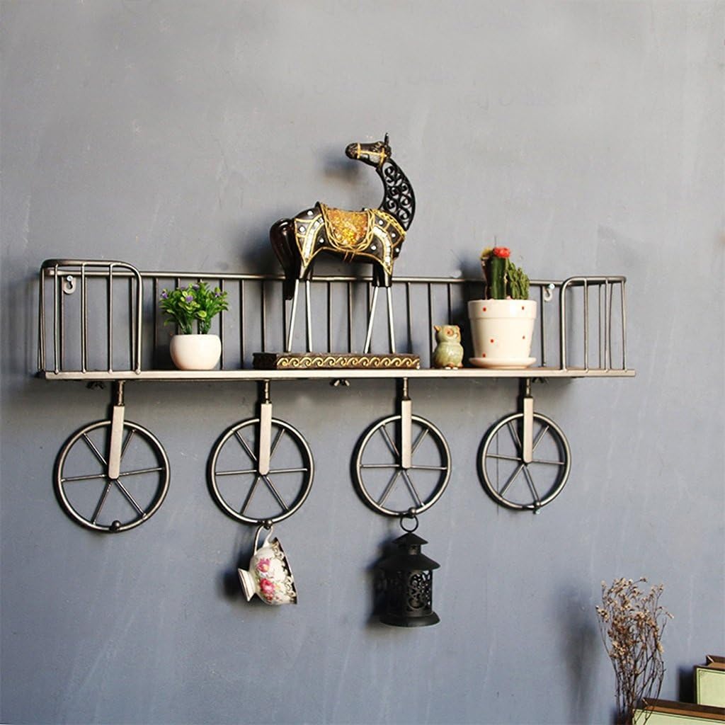 ZHEN GUO Retro Style Floating Shelf W/ 4 Hooks Wall Mounted, Metal & Wood Wall Storage Basket W/Wheels, Industrial Wall Decor for Office, Home, Bar