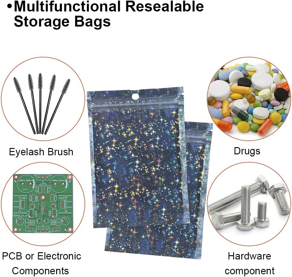 Holographic Bags 4x6 Inch,100PCS Star Pattern Resealable Mylar Zipper Bags for Food Storage Candy Wrap Jewelry Lip gloss thumbnail