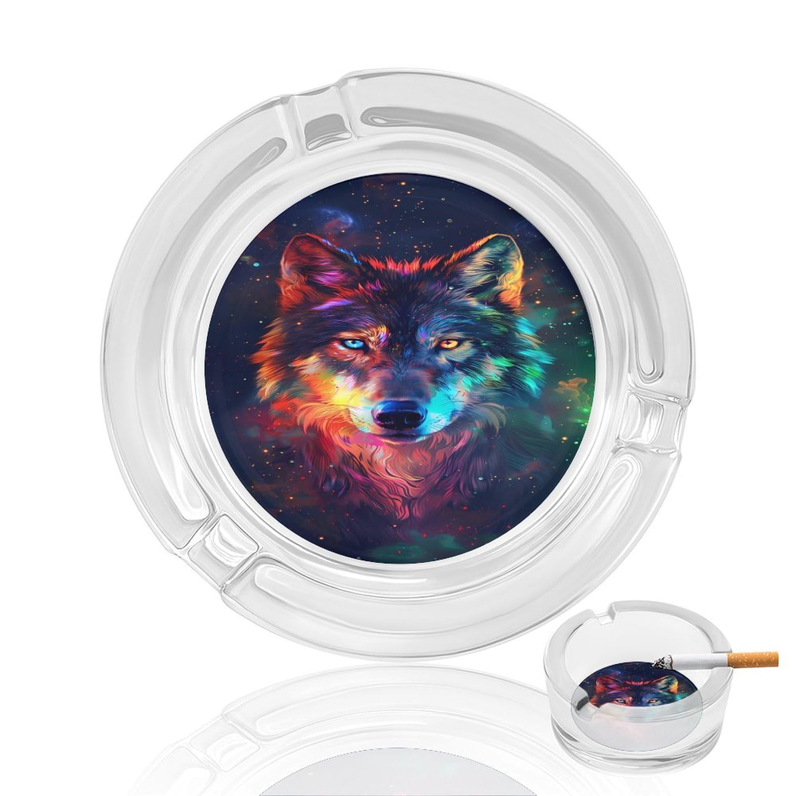 Smazdfxx As Pic Wolf Galaxy Round Glass Smoking Ashtray Decorative Cigarettes Cigar Ash Tray With 3 Slot For Indoor Outdoor