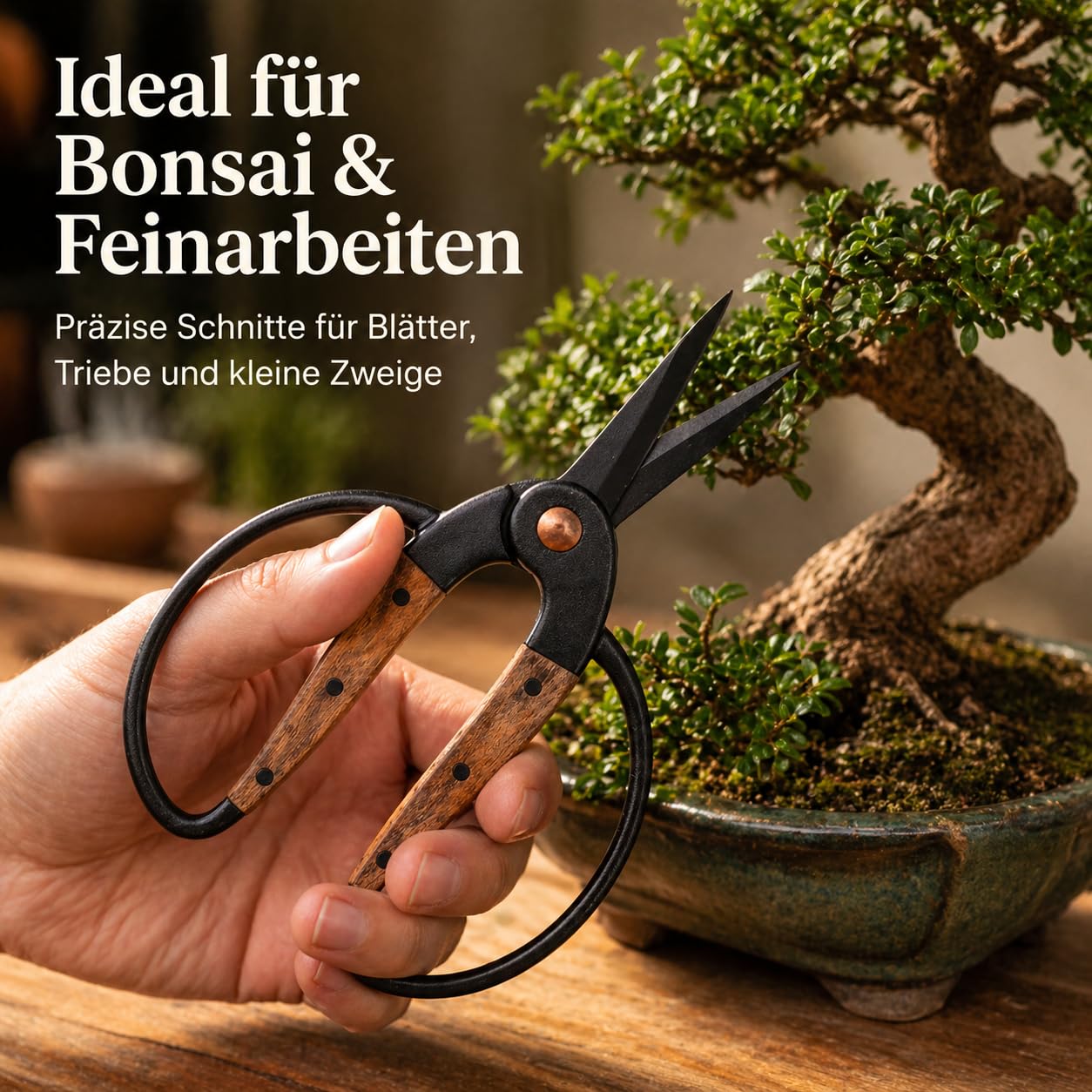 Traditionelle asiatische Bonsaischere, Pflanzenschere, Kräuterschere, Gartenschere, Blumenschere - aus schwarzem Edelstahl mit Walnussholzgriff