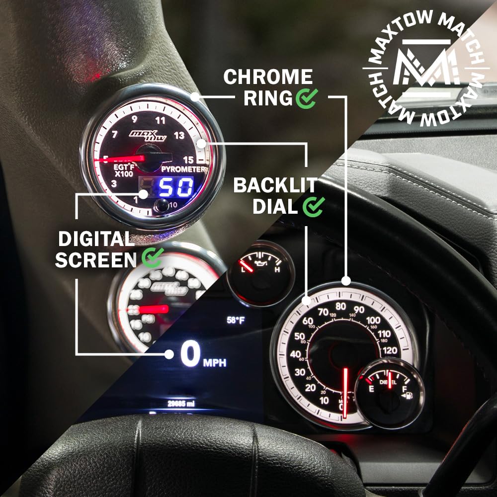 MaxTow Match 1500 F Pyrometer Exhaust Gas Temp Gauge Kit for Dodge Ram 6.7L Cummins 4th Gen Diesel Truck - Includes EGT Probe - Double Vision Display with Analog & Digital Readouts - 2-1/16" 52mm