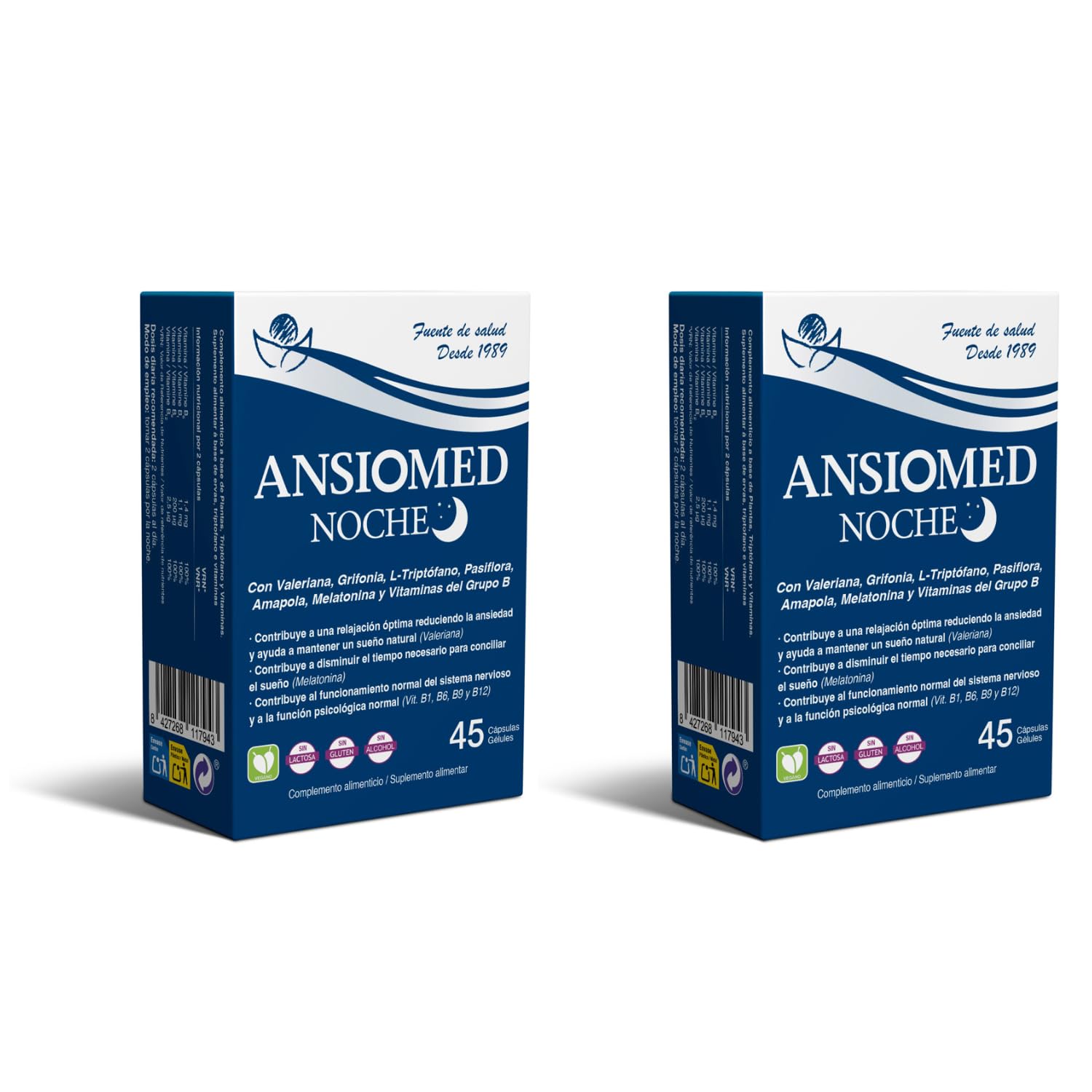 Ansiomed Noche 45 Cápsulas Pack 2 Unidades Ayuda Relajación Sueño Estrés Ansiedad Valeriana Triptófano Melatonina Pasiflora Vitaminas