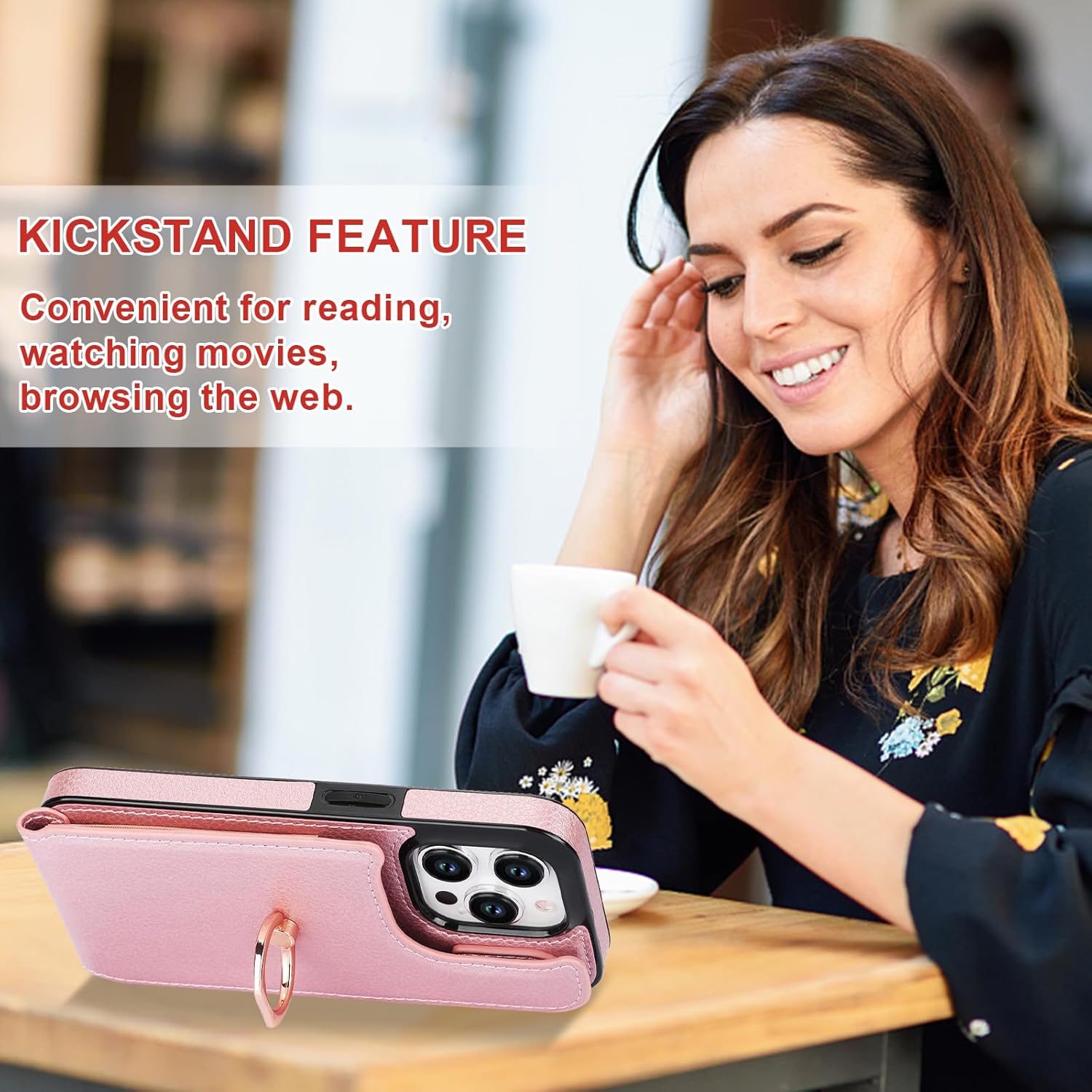 Folosu Compatible with iPhone 15 Pro Case Wallet with Card Holder, 360°Rotation Finger Ring Holder Kickstand, RFID Blocking Leather Protective Double Buttons Shockproof Cover 6.1 Inch Rose Gold - Image 6