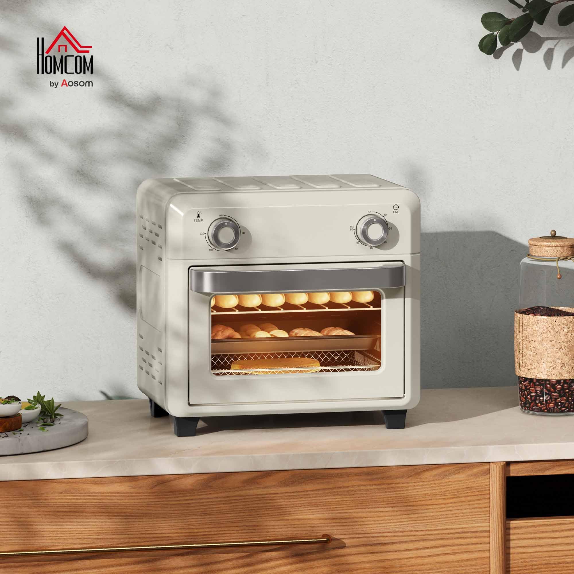 HOMCOM Minihorno con convección 10L 2 en 1 Minihorno con rejilla para horno, bandeja de horno y bandeja recogemigas, 80 °C-230 °C freidora de aire caliente con temporizador, luz interior, 1000W, acero