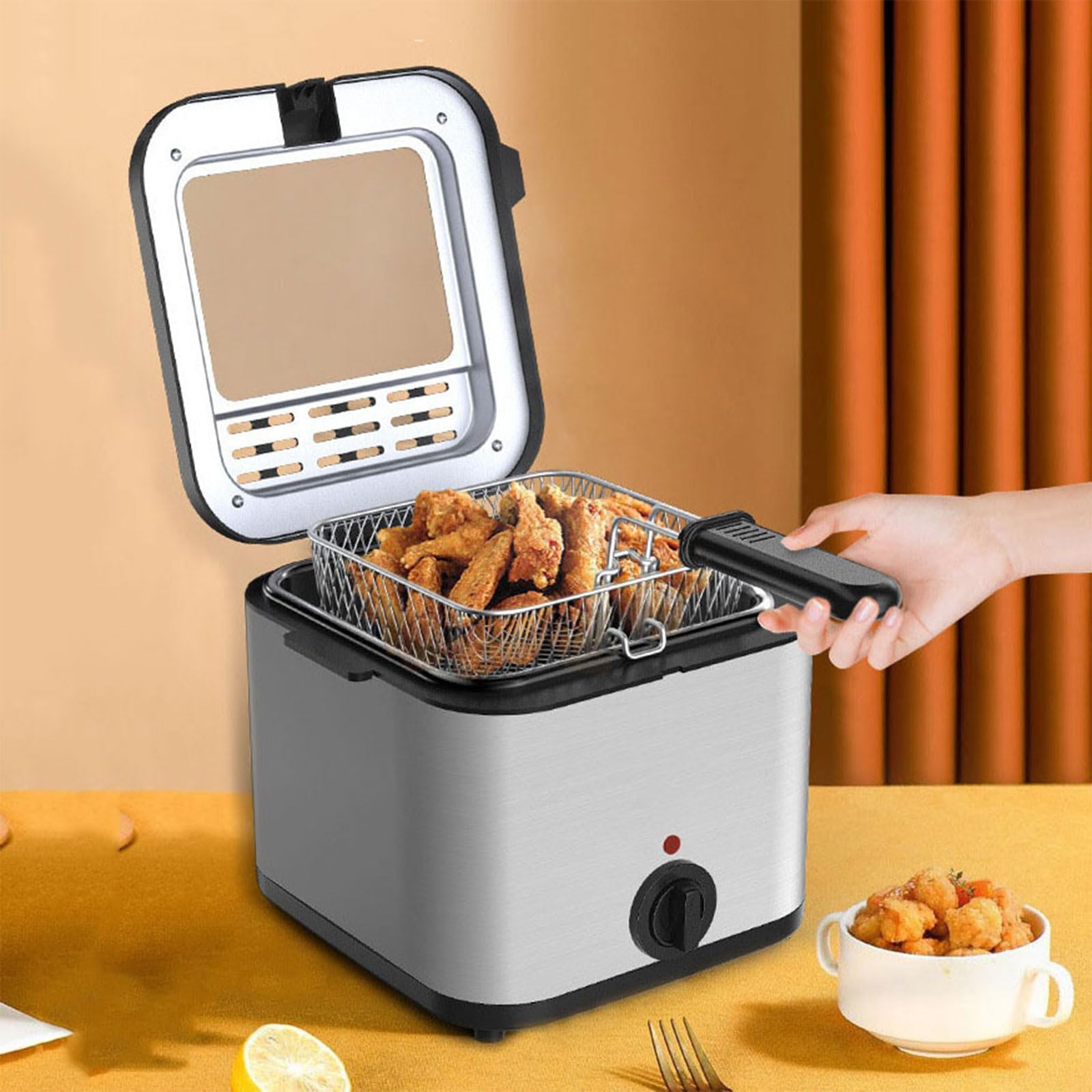 RENJJPBO Electric deep Fryer, 2.5 Liter Capacity, 1500w Removable Frying Basket with lid, Adjustable Temperature, Suitable for Home Kitchens
