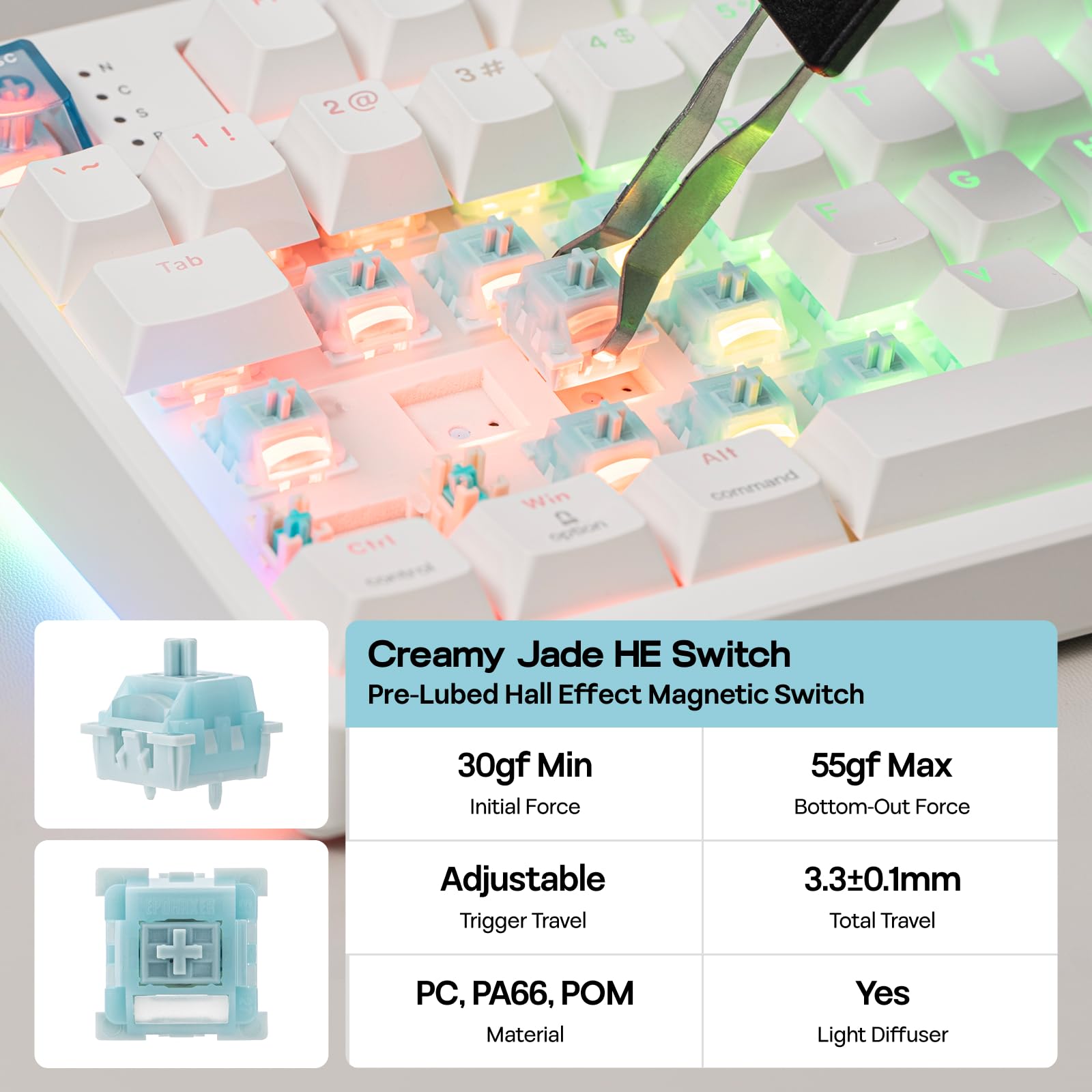 EPOMAKER HE108 Teclado para Juegos de Efecto Hall, 8K de Sondeo y 128K de Escaneo, 10000mAh&2.4GHz/BT, Hot Swap, Tamaño Completo, Actuación Ajustable, Disparo Rápido, RGB, Gasket, Teclas PBT (Blanco)