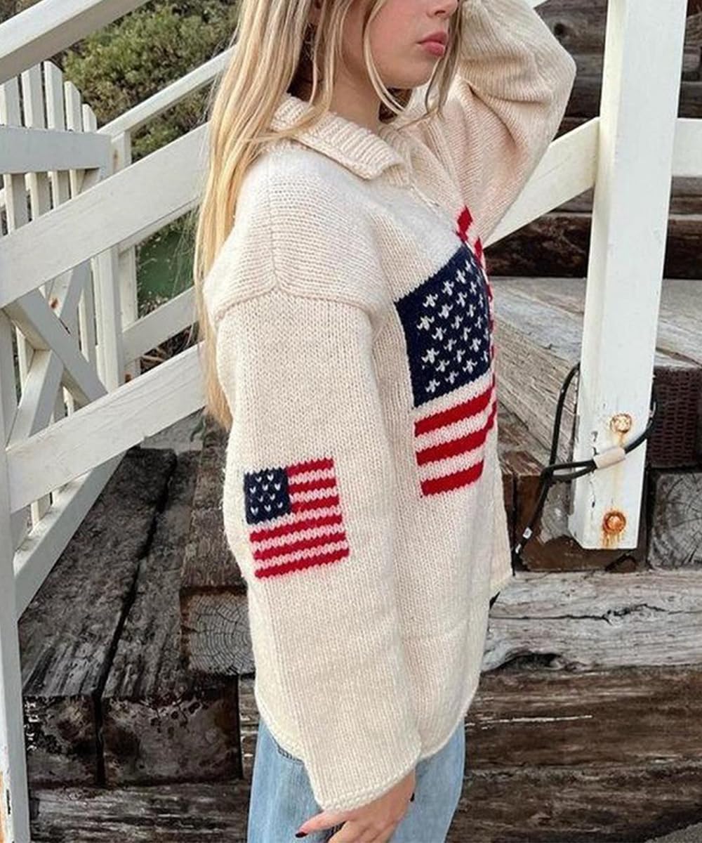 Women's American Flag Cardigan Sweater Long Sleeve Lapel Zipper Vintage Star Print Knitted Casual Sweater Jacket