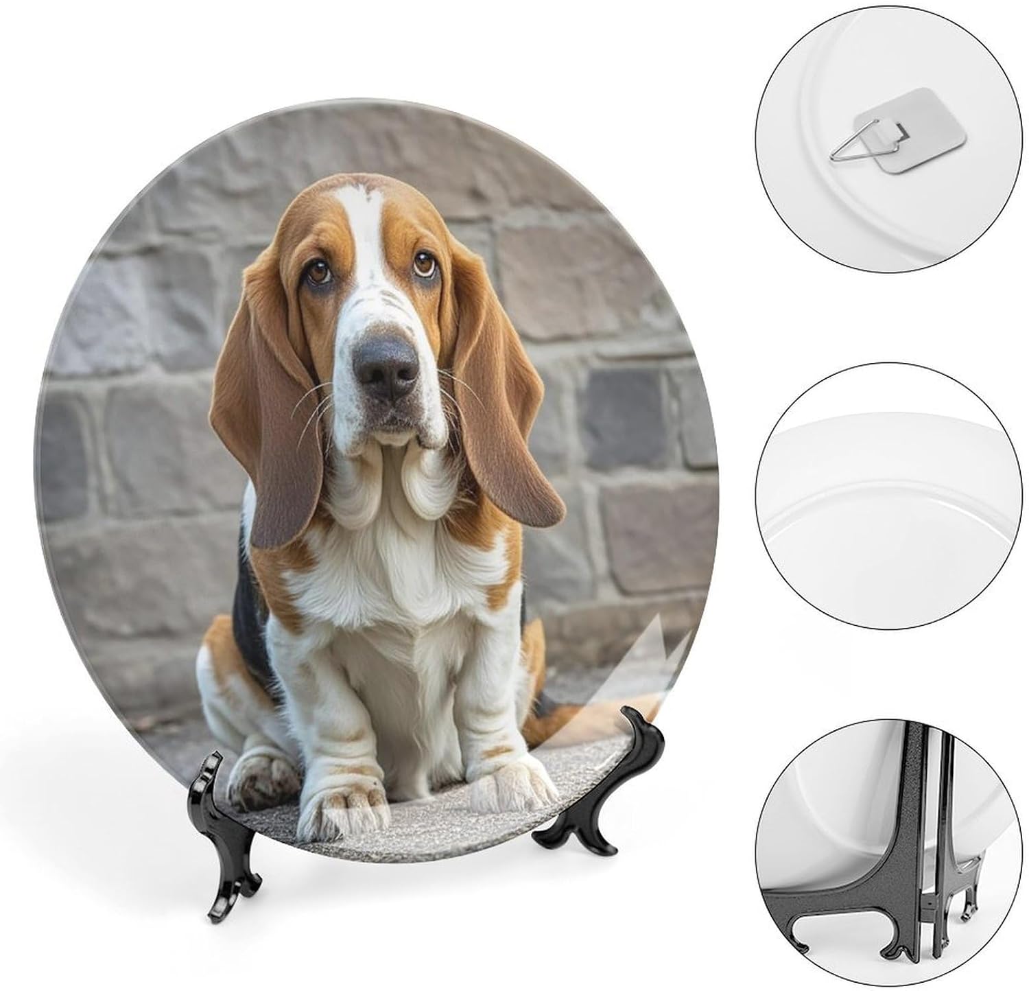 Basset Hound Ceramic Plate 10inch Decorative Bone China Wall Hanging Ornament Plates Bohemian Style Dinner Plate with Display Stand Cabinet Display Plates for Home Art Decor
