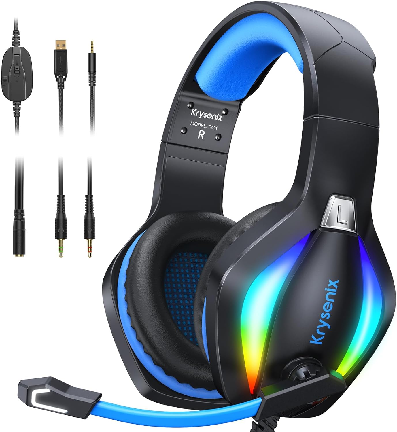 Krysenix PG1 Gaming Headset for PS4 PS5 PC Xbox, Xbox One Headset with AI Stereo Microphone Sound, Computer Headset with 3.5mm Jack & RGB Light Black+Blue