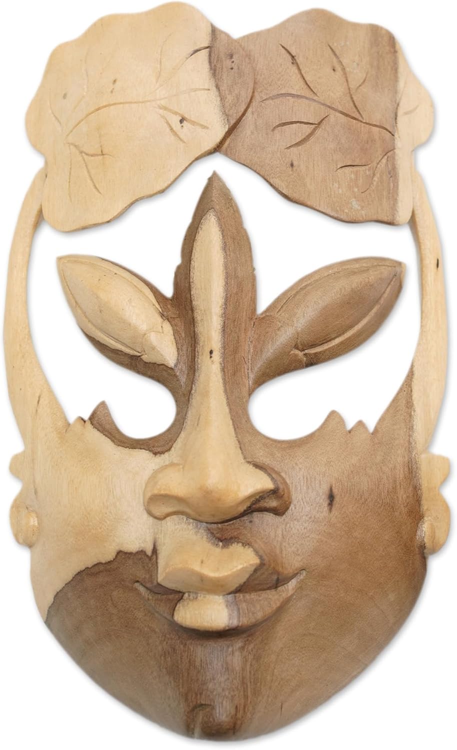 NOVICA Decorative Leaf and Tree Hibiscus Wood Mask, Beige, 'Water Lily Princess'