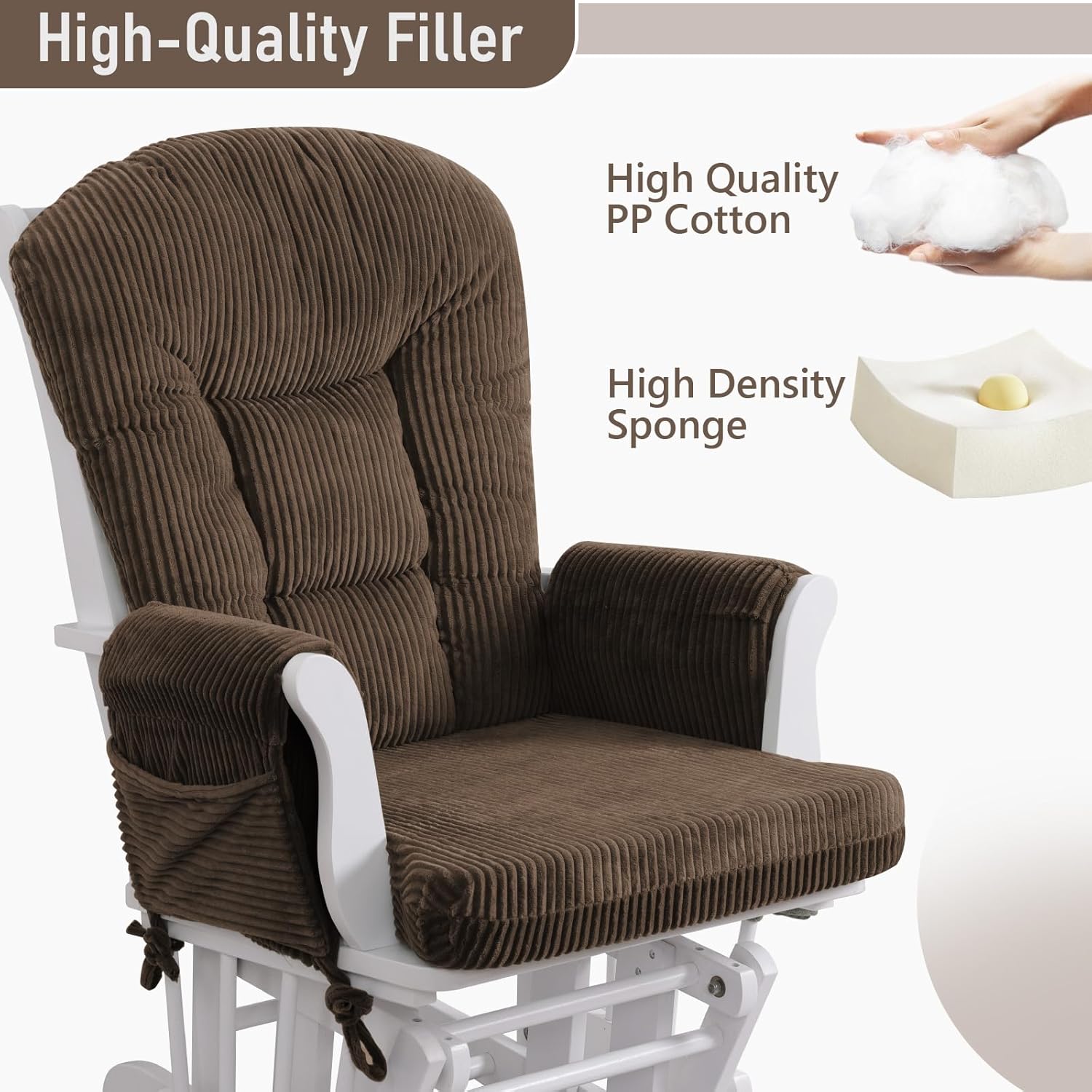 5PCS Glider Rocker Replacement Cushions with Storage Side Pockets, Thickened 3.5IN Seat & Supportive Striped Plush Rocking Chair Cushion Set with Ottoman Cover for Indoor Nursery, Brown