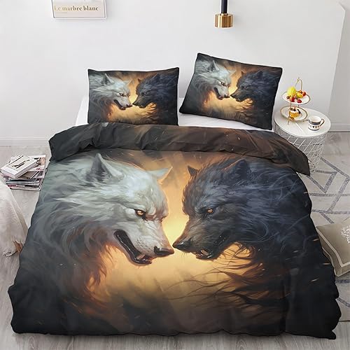 Funda de edredón de lobo tamaño Queen  Juego de ropa de cama de animales de fantasía  3 piezas  Funda de edredón con patrón de microfibra suave con