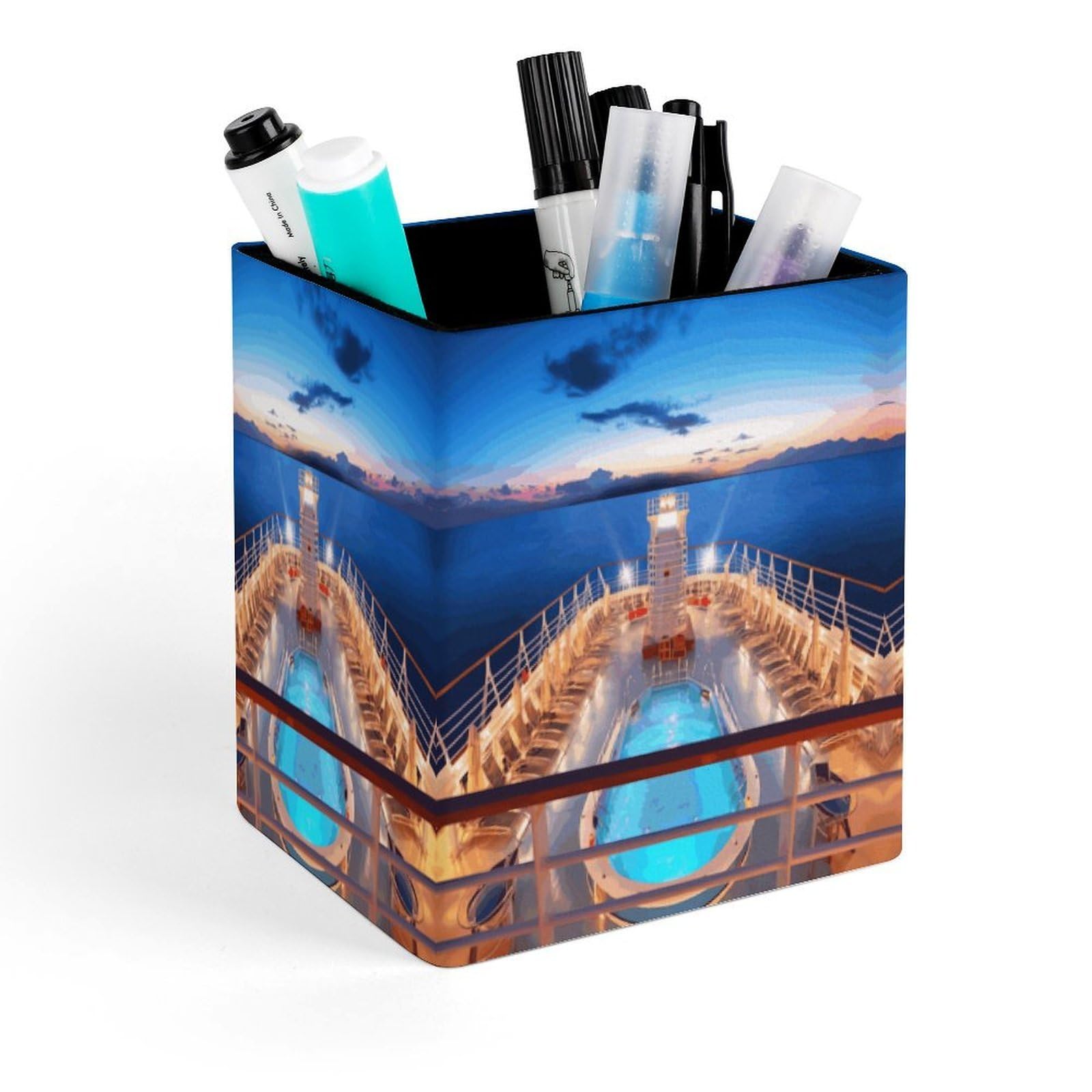 VstaDank Pool Party Cruise Ship Pen Holder Square Pencil Holder Leather Pencil Cup Pen Organizer Makeup Brush Holders Pen Cups Desktop Stationery Organizer for Home Office Desk Organizers
