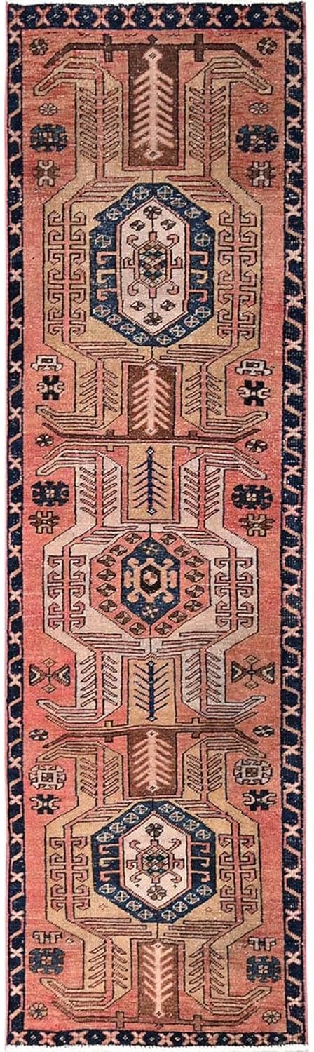 Vintage Hand Knotted Wool Oriental Runner Rug, Salmon Pink with Geometric Pattern, 2'5"x8'10", Distressed Narrow Hallway Rug