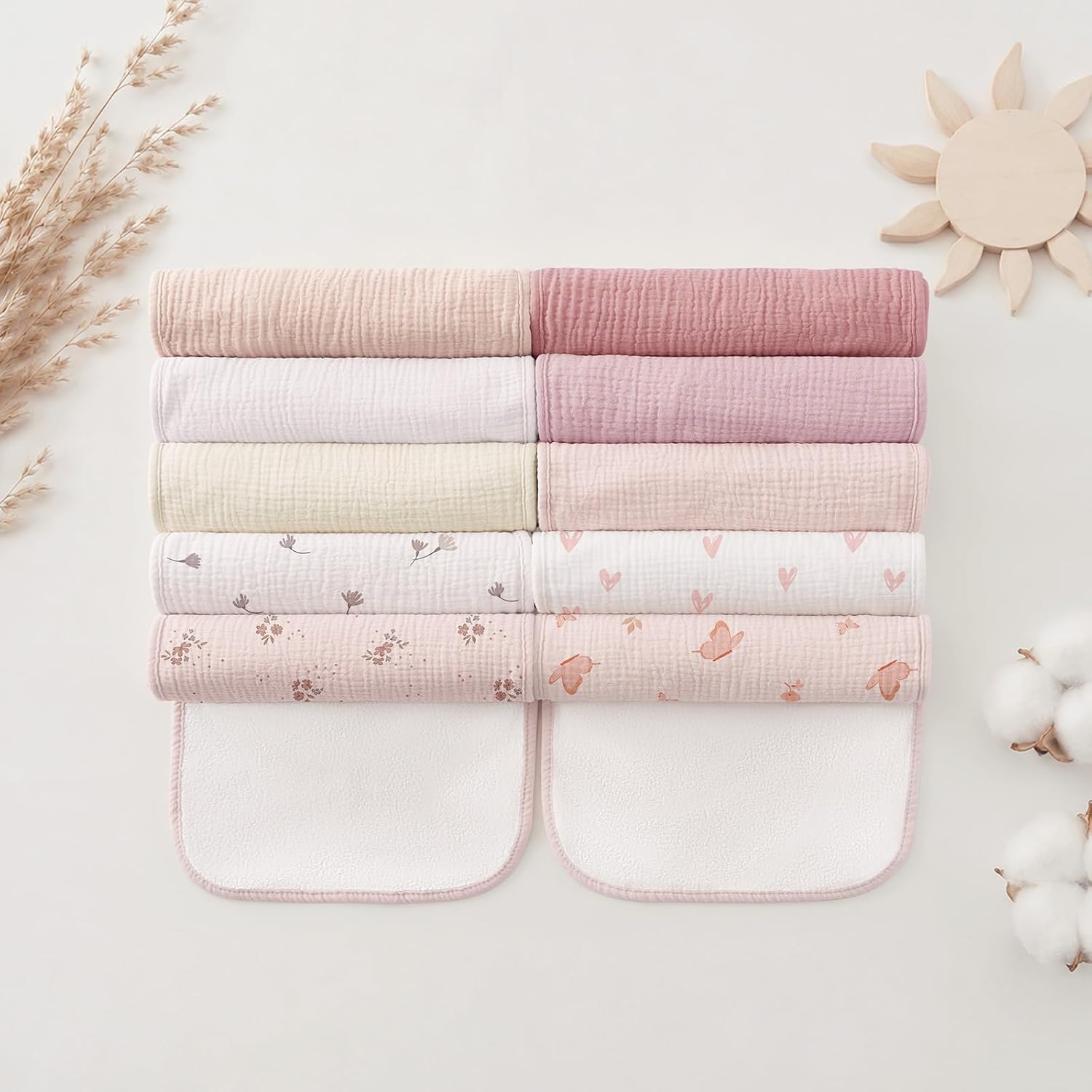Bearmoss 10 Pack Muslin Burp Cloths, 20"×10" Absorbent Baby Burping Cloths