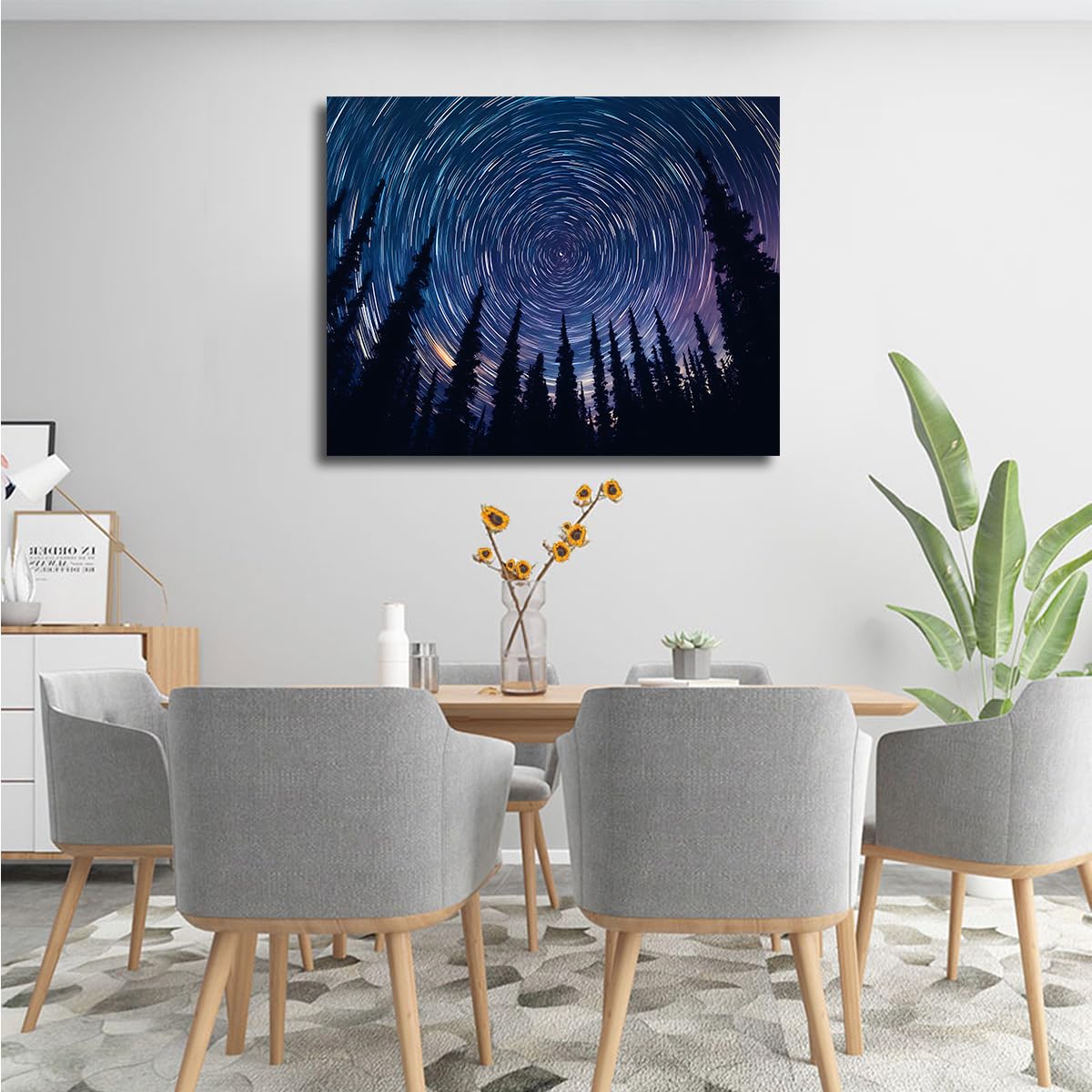 YUNART Star Trails Forest Trees Canvas Wall Art Natural Landscapes Photo Grawerowanie Home Office Mural Modern Modern Art Ready to Hang 55x82cm Inner Frame