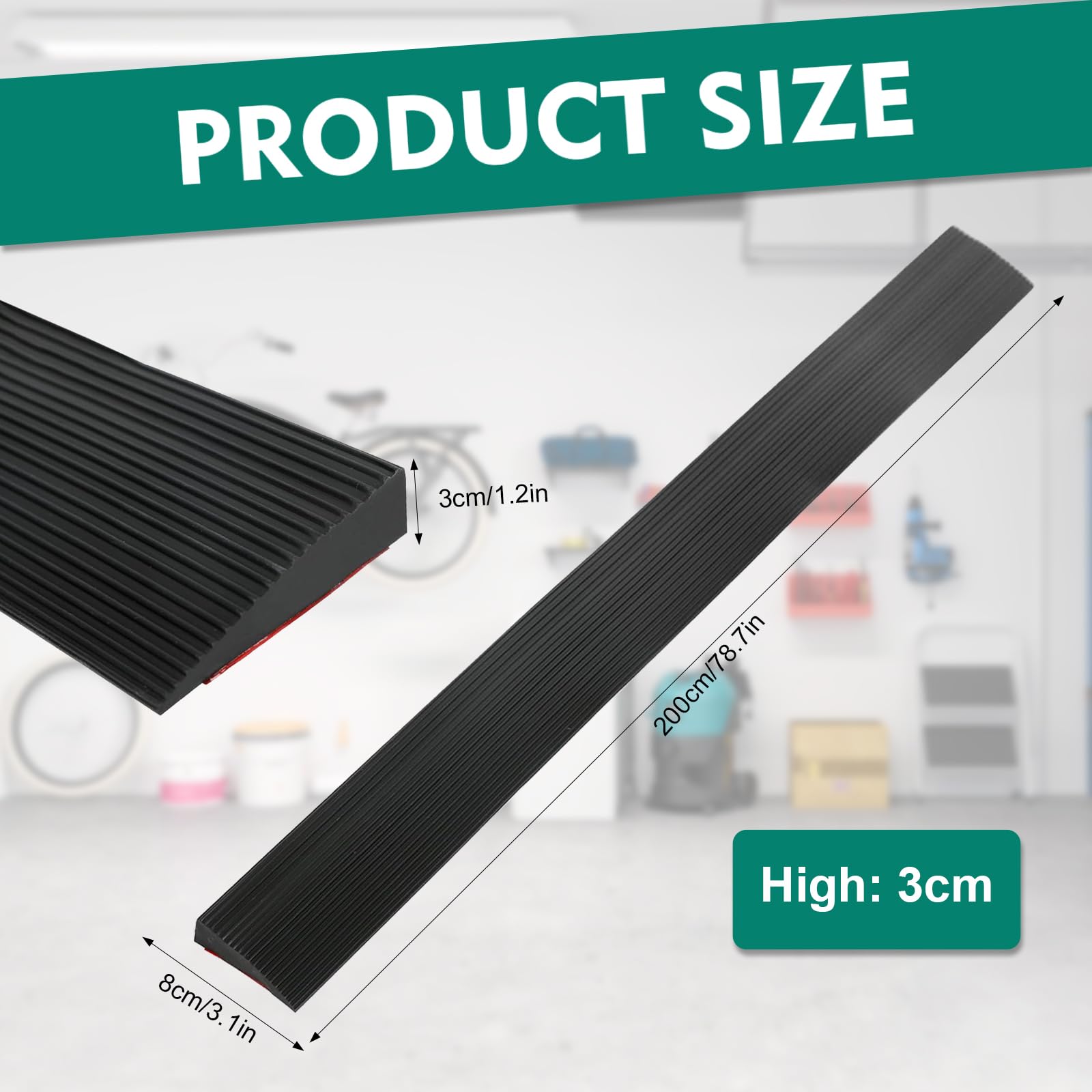 Rampa progowa drzwi, 2 m x 8 cm x 3,0 cm, nośność 800 kg, samoprzylepna gumowa rampa do różnicy wysokości 3 cm, progi drzwi do robota odkurzającego, wózka dziecięcego (czarna