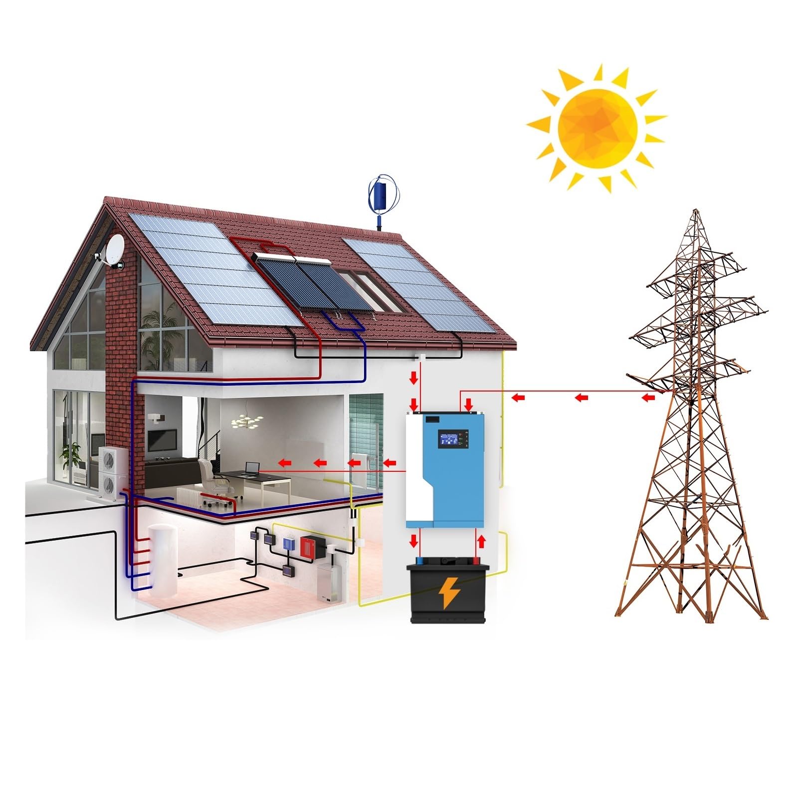 5500W 3500W Hybrydowy Falownik Solarny 24V 48V Sinusoidalny 3.5/5.5KW Wbudowany MPPT 100A Kontroler Słoneczny Maks. 500V OszczęDność KosztóW(3.5KW without WiFi,48V)
